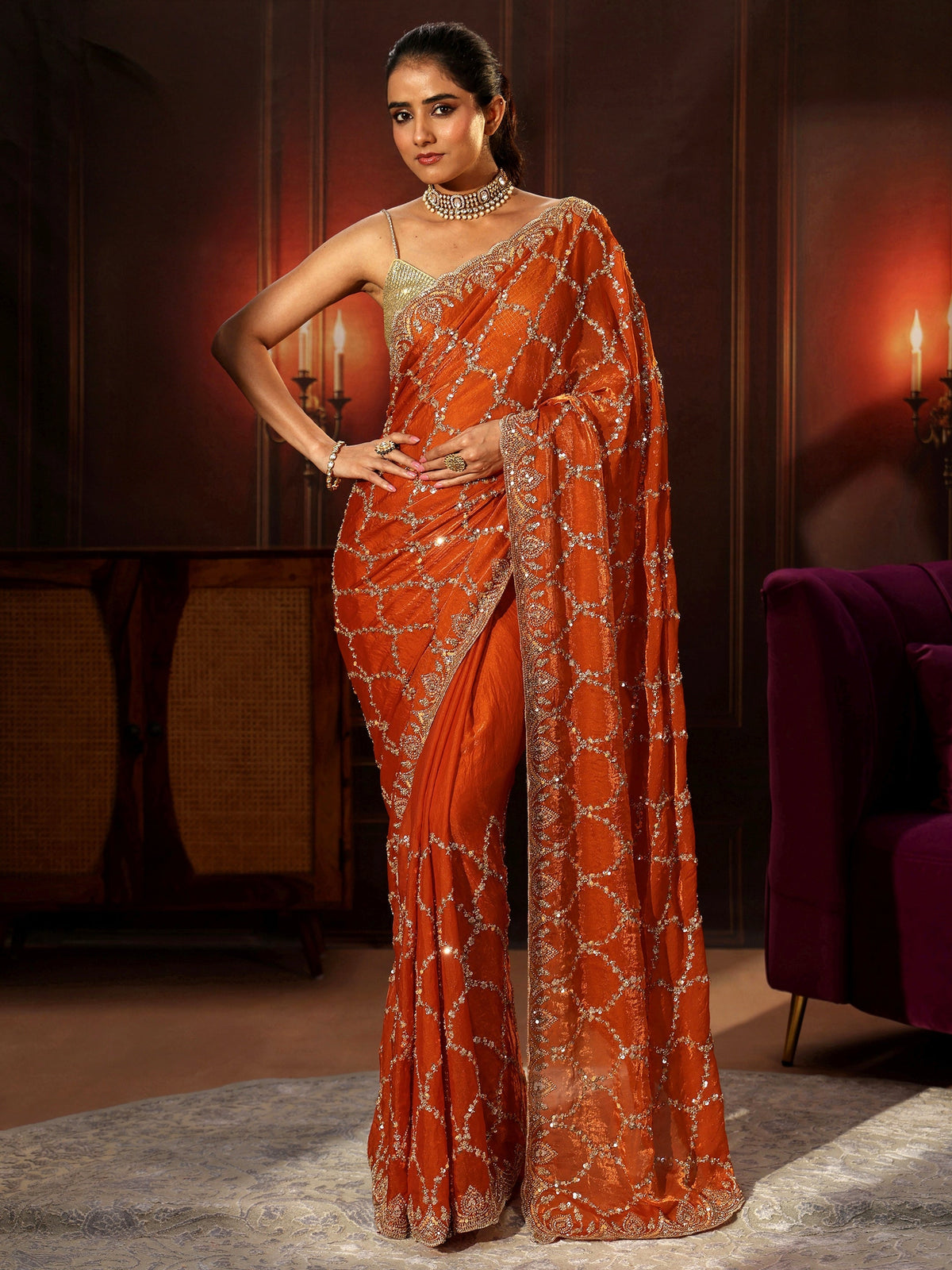 Anouk Art Orange Embellished Tissue Saree