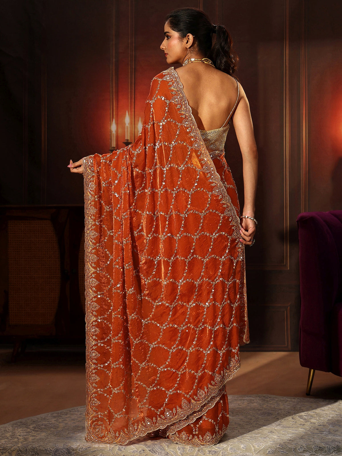 Anouk Art Orange Embellished Tissue Saree