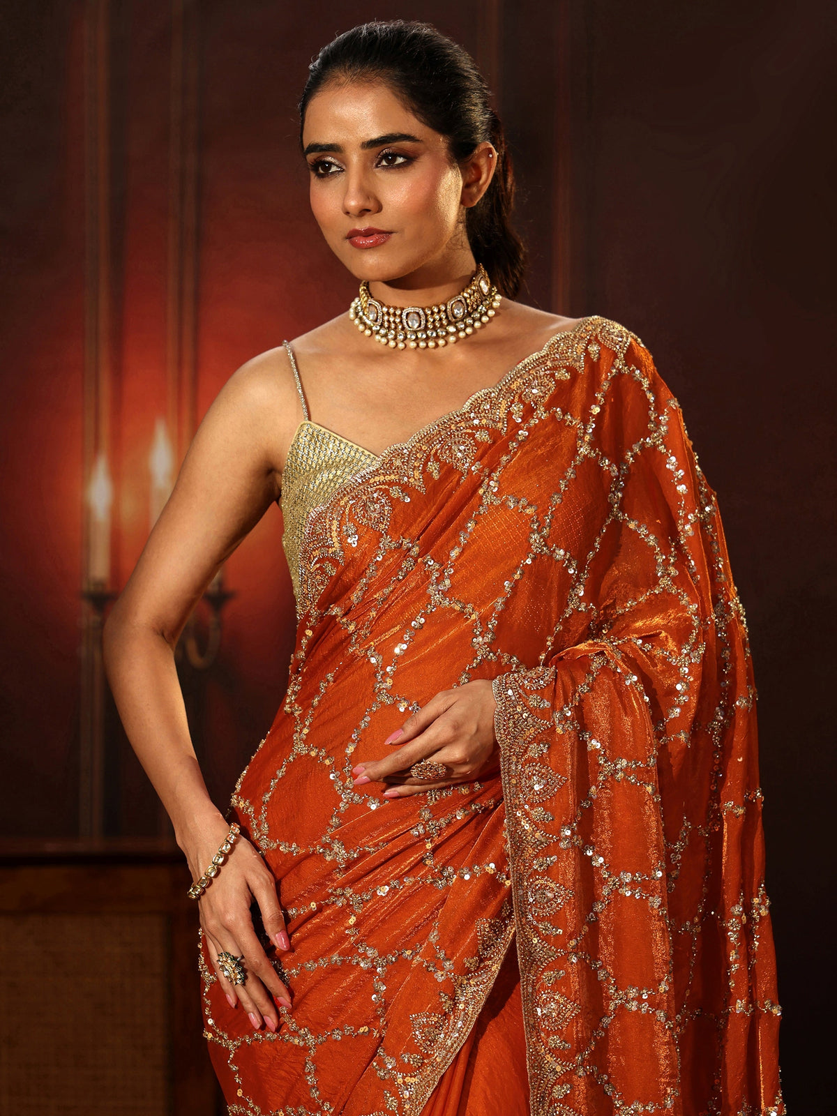 Anouk Art Orange Embellished Tissue Saree