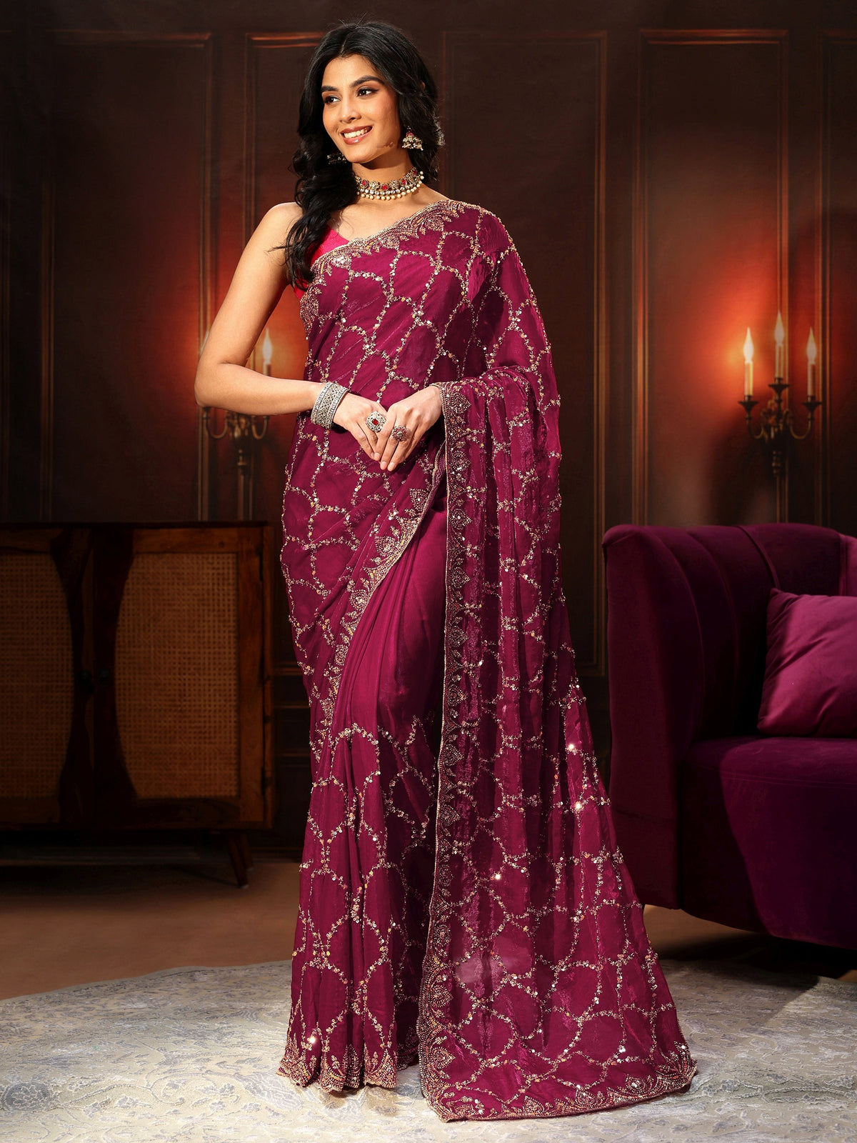 Anouk Art Plum Purple Embellished Tissue Saree