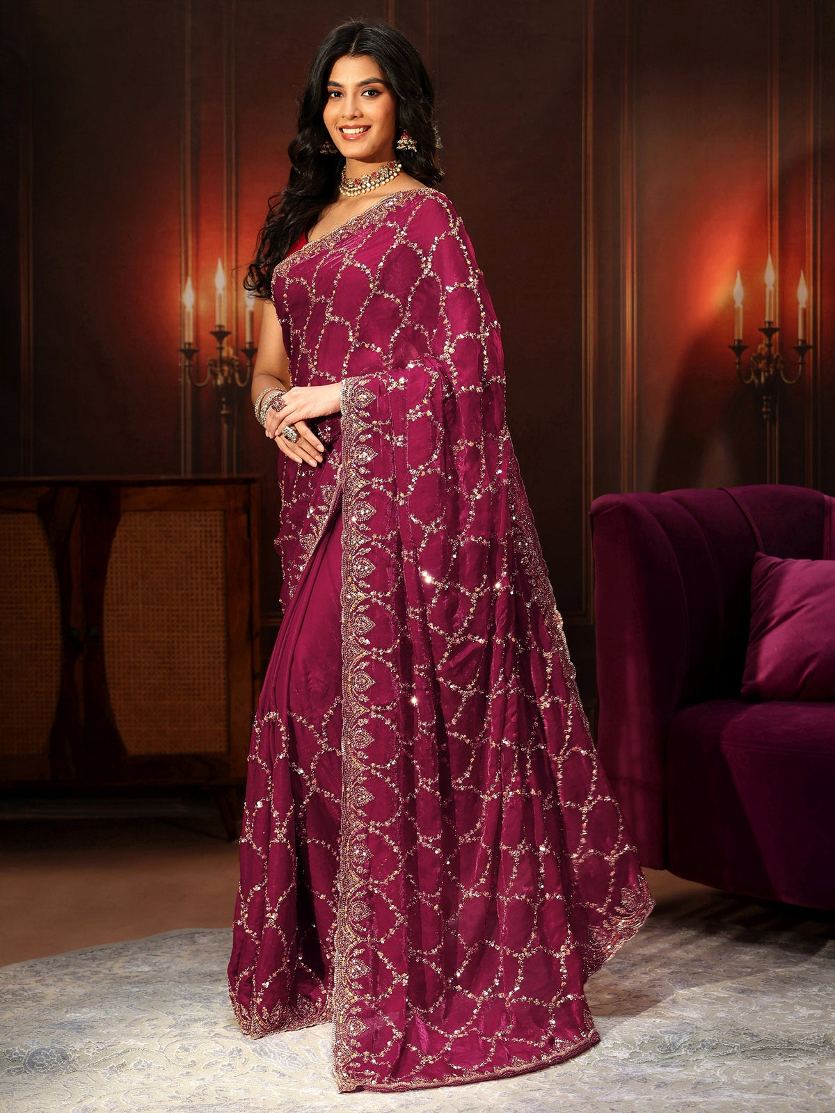Anouk Art Plum Purple Embellished Tissue Saree