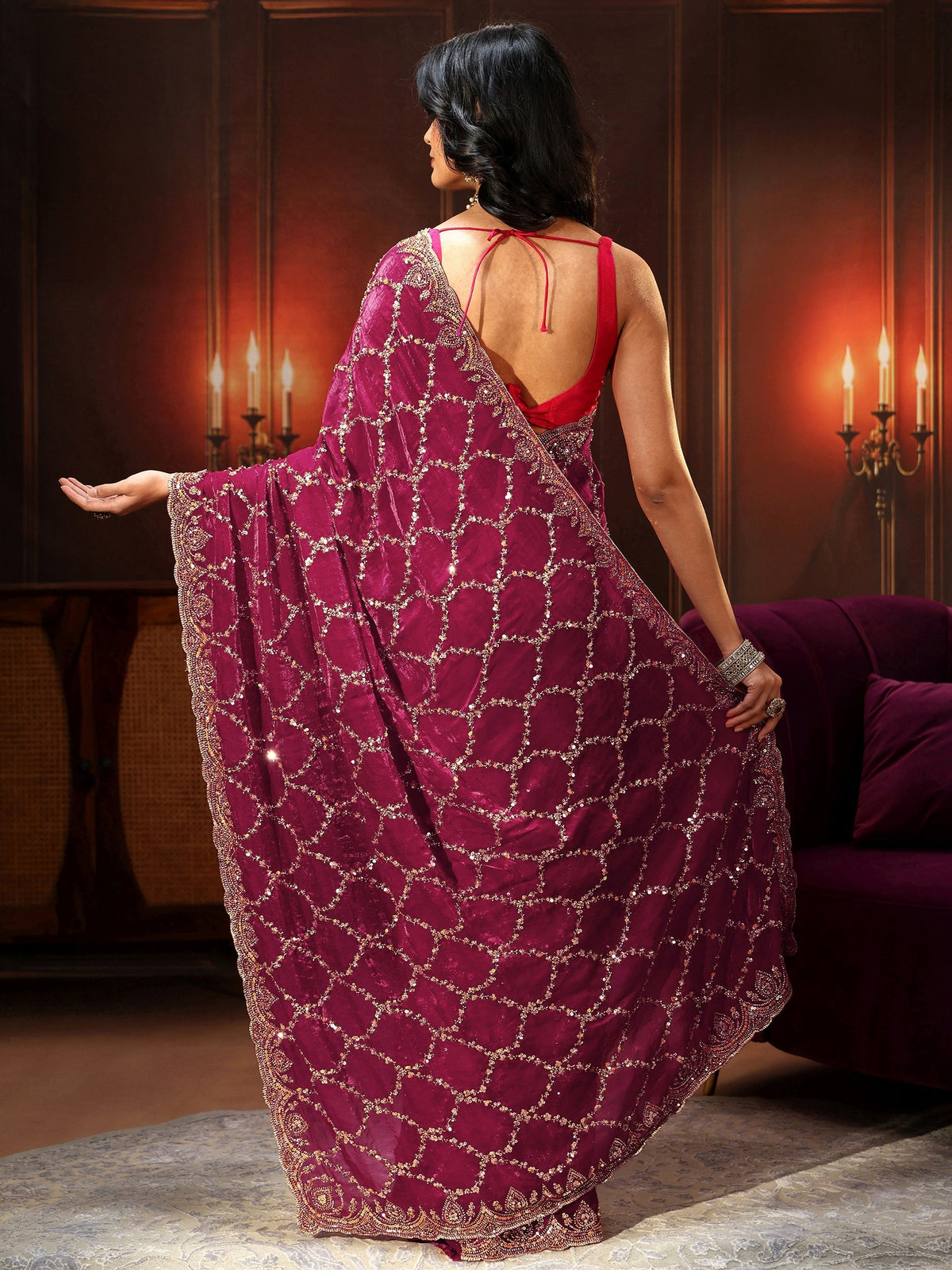 Anouk Art Plum Purple Embellished Tissue Saree