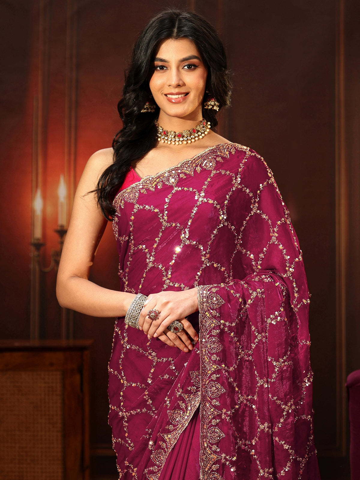 Anouk Art Plum Purple Embellished Tissue Saree