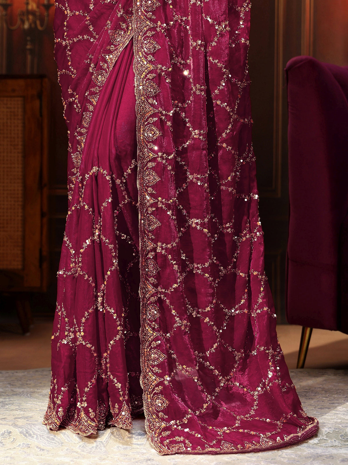 Anouk Art Plum Purple Embellished Tissue Saree