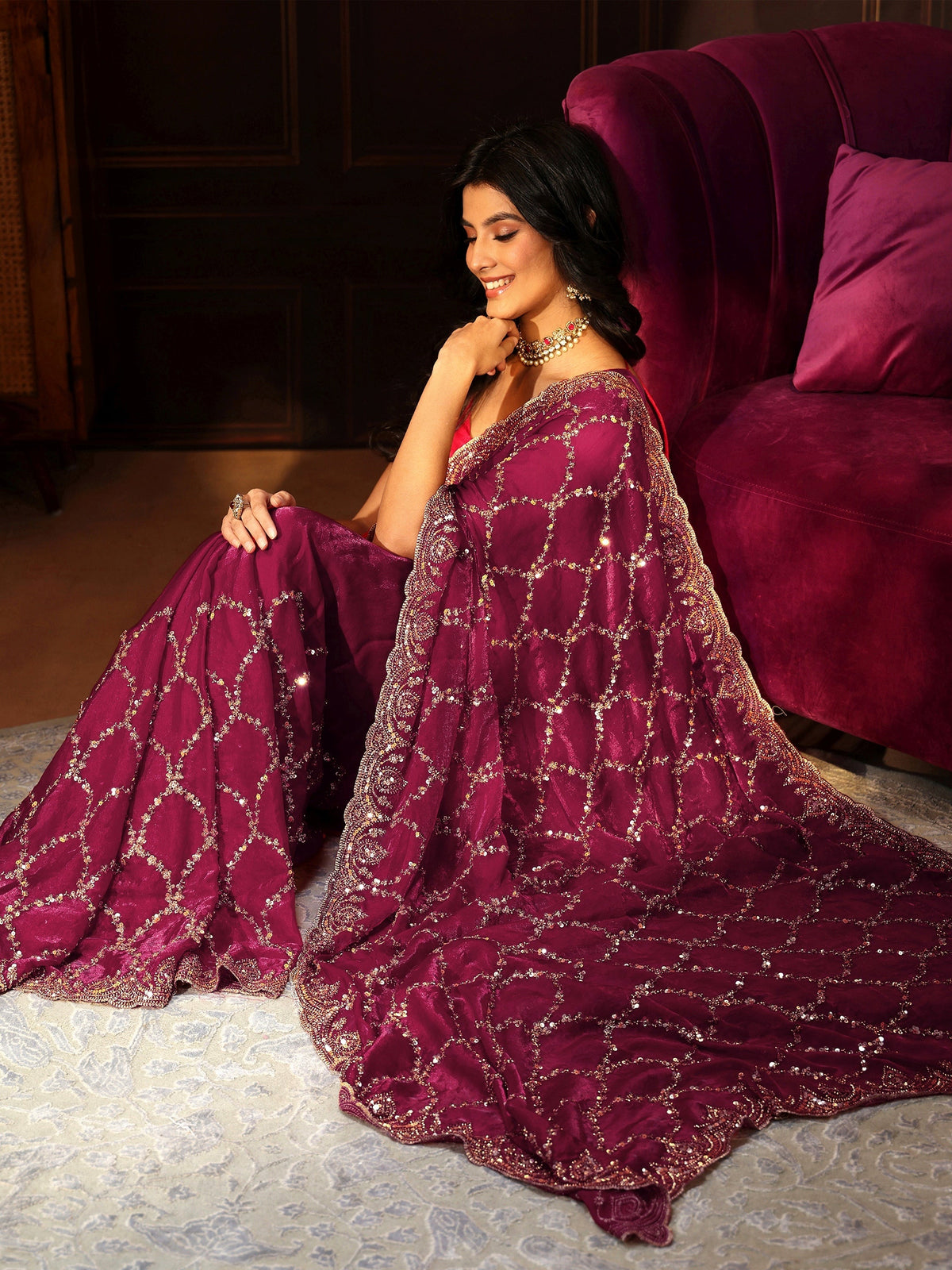 Anouk Art Plum Purple Embellished Tissue Saree