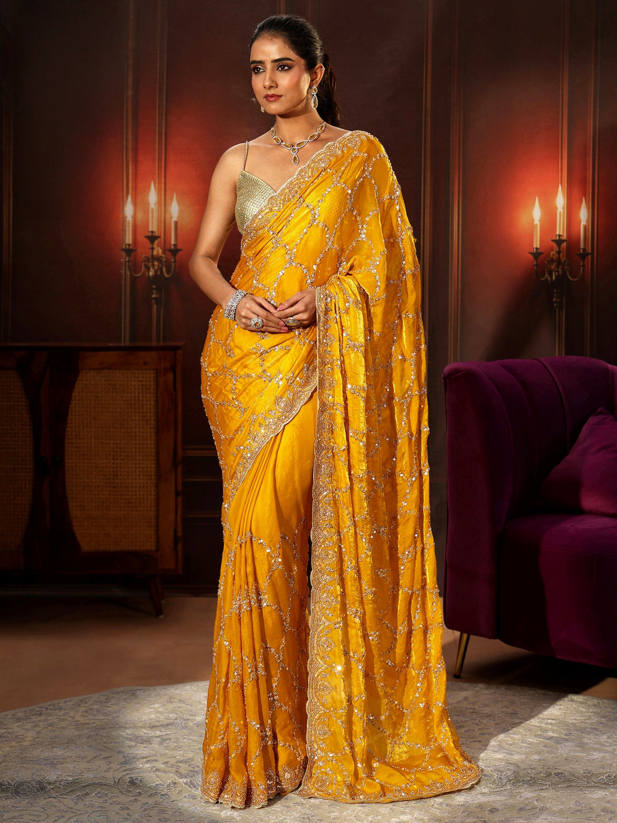 Anouk Art Mustard Embellished Tissue Saree