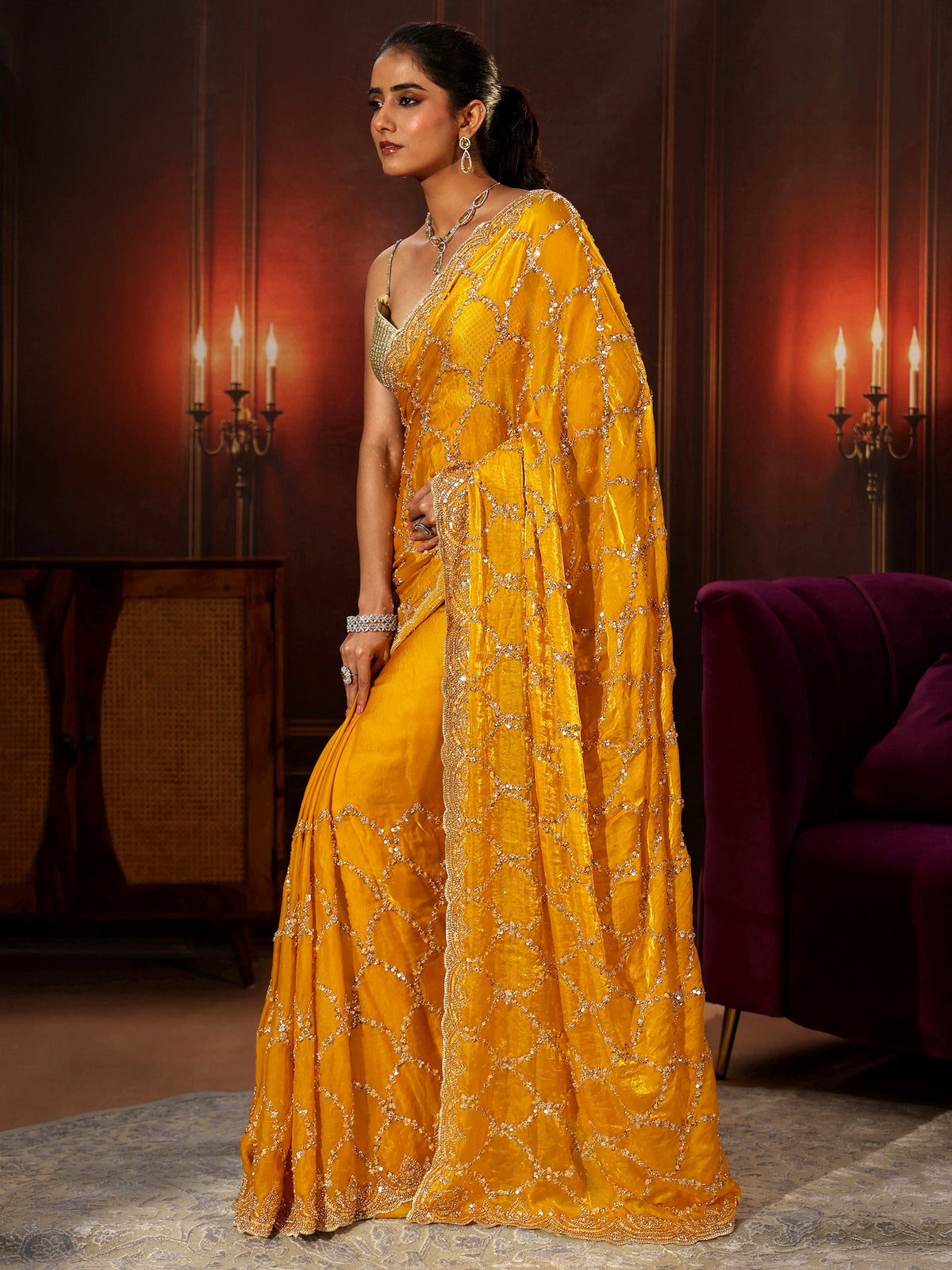 Anouk Art Mustard Embellished Tissue Saree