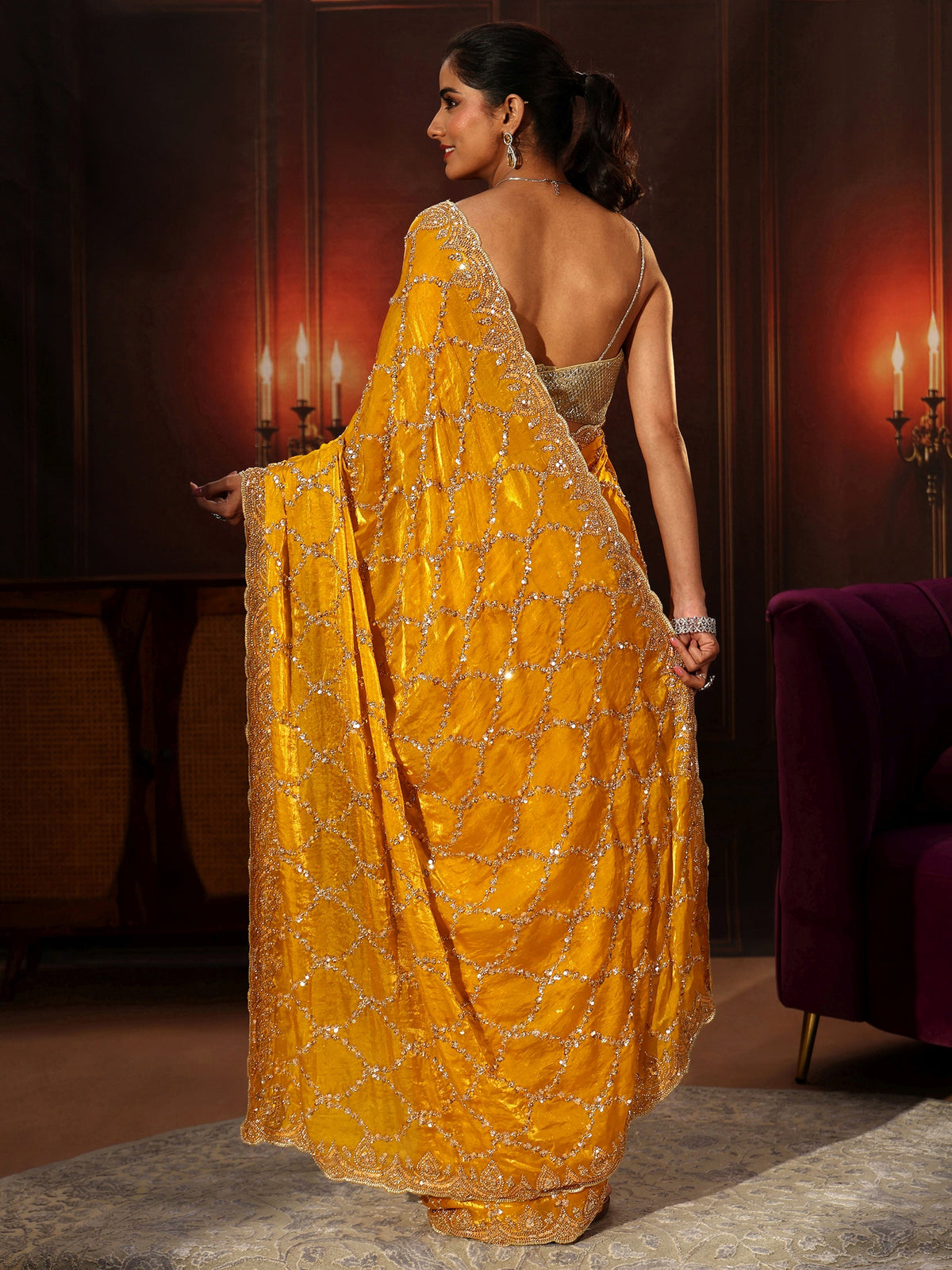 Anouk Art Mustard Embellished Tissue Saree