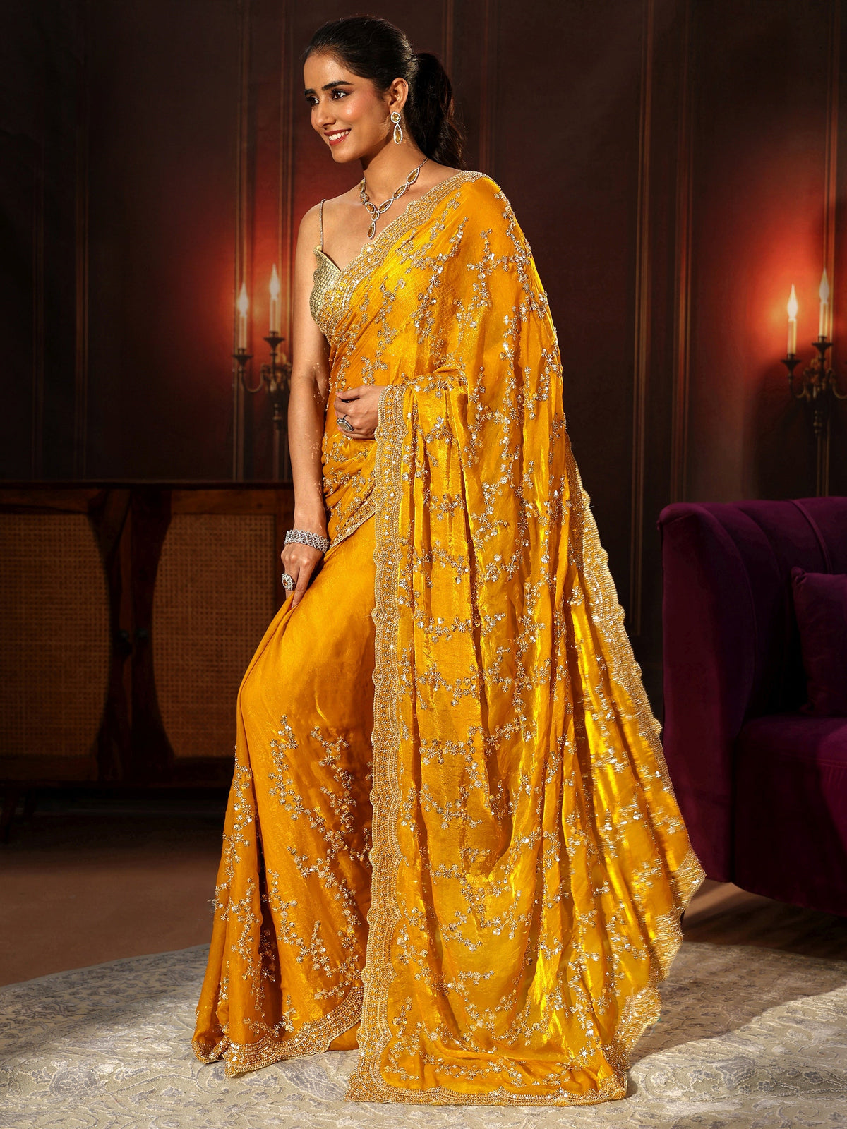 Anouk Art Mustard Embellished Tissue Saree