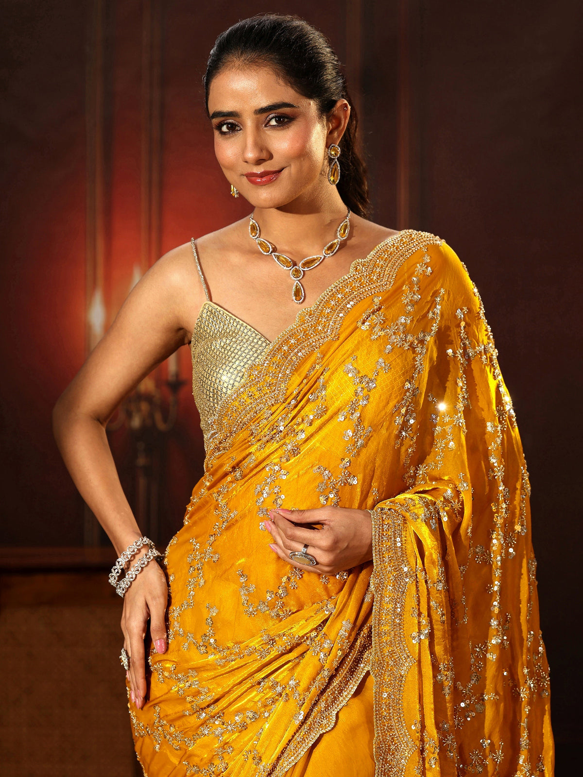 Anouk Art Mustard Embellished Tissue Saree