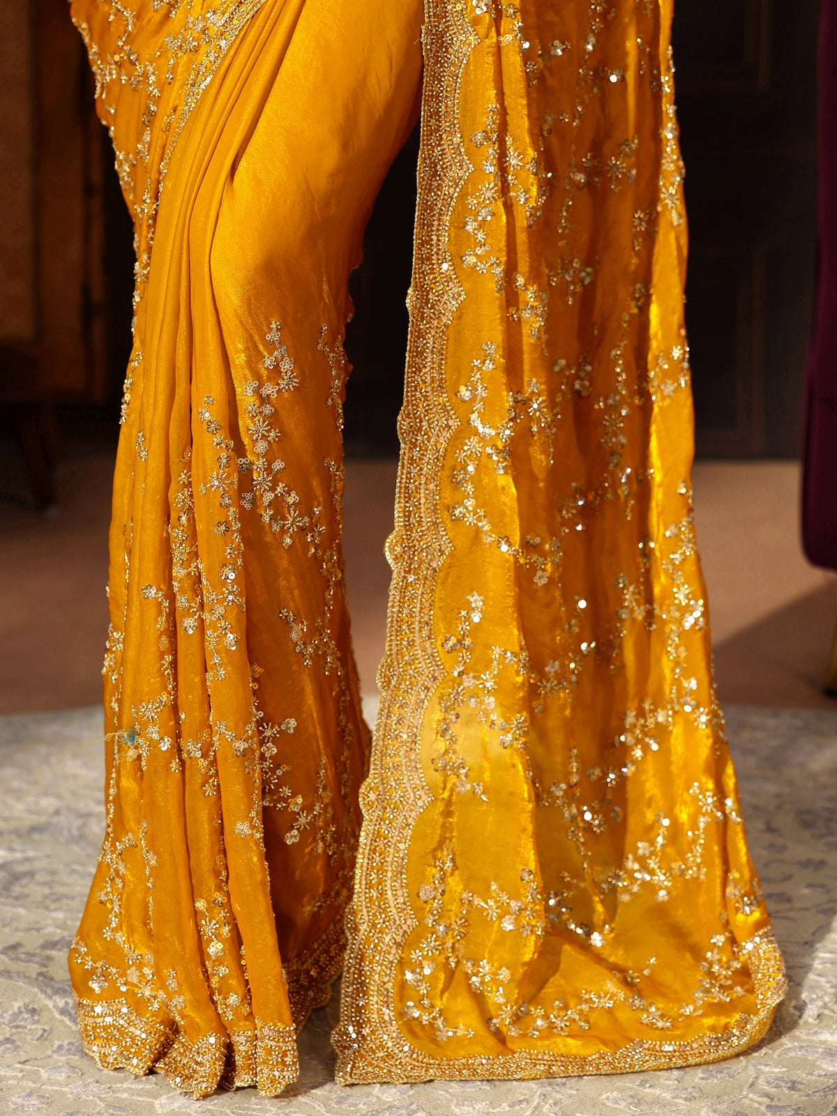 Anouk Art Mustard Embellished Tissue Saree