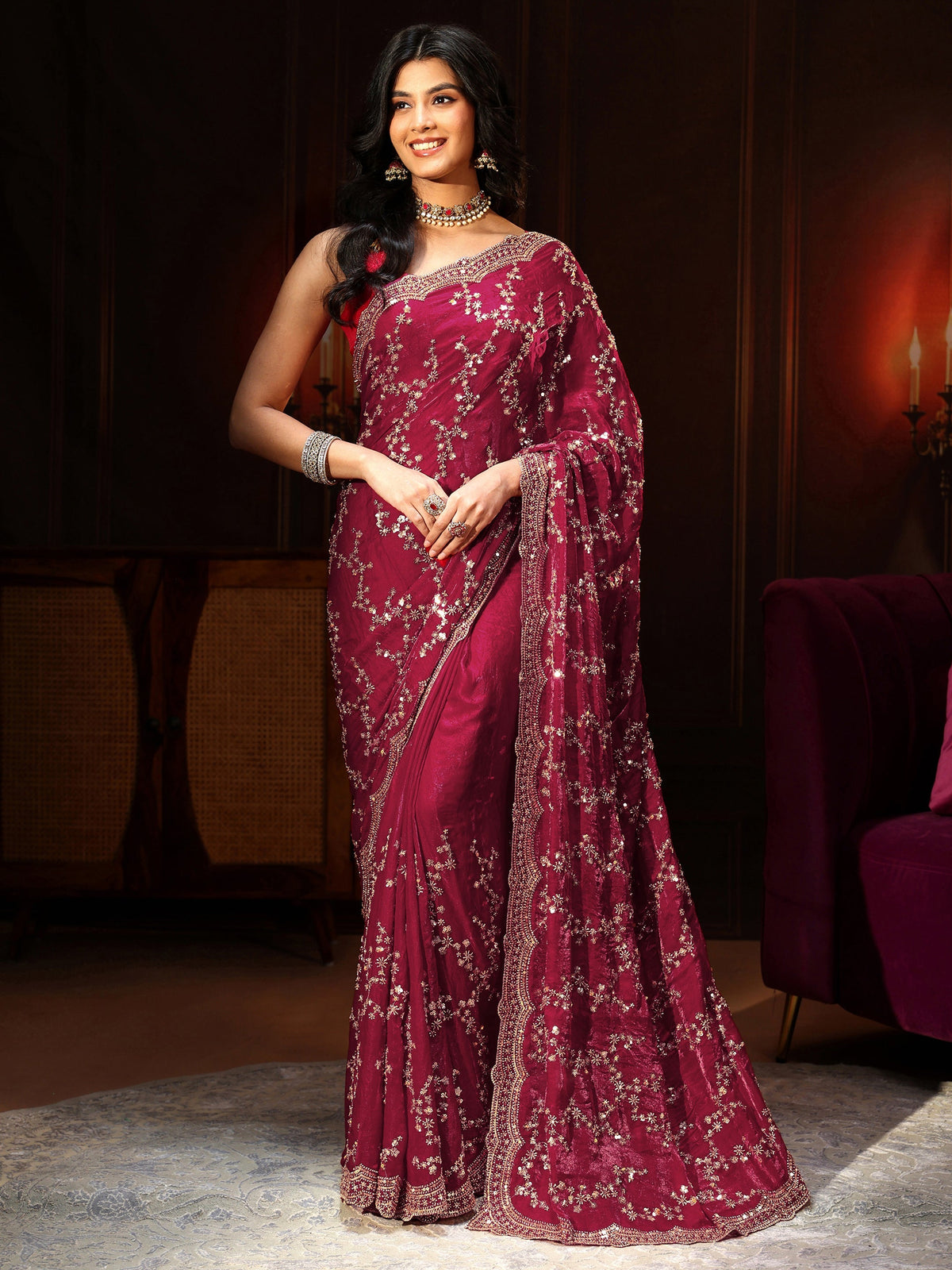 Anouk Art Magenta Pink Embellished Tissue Saree