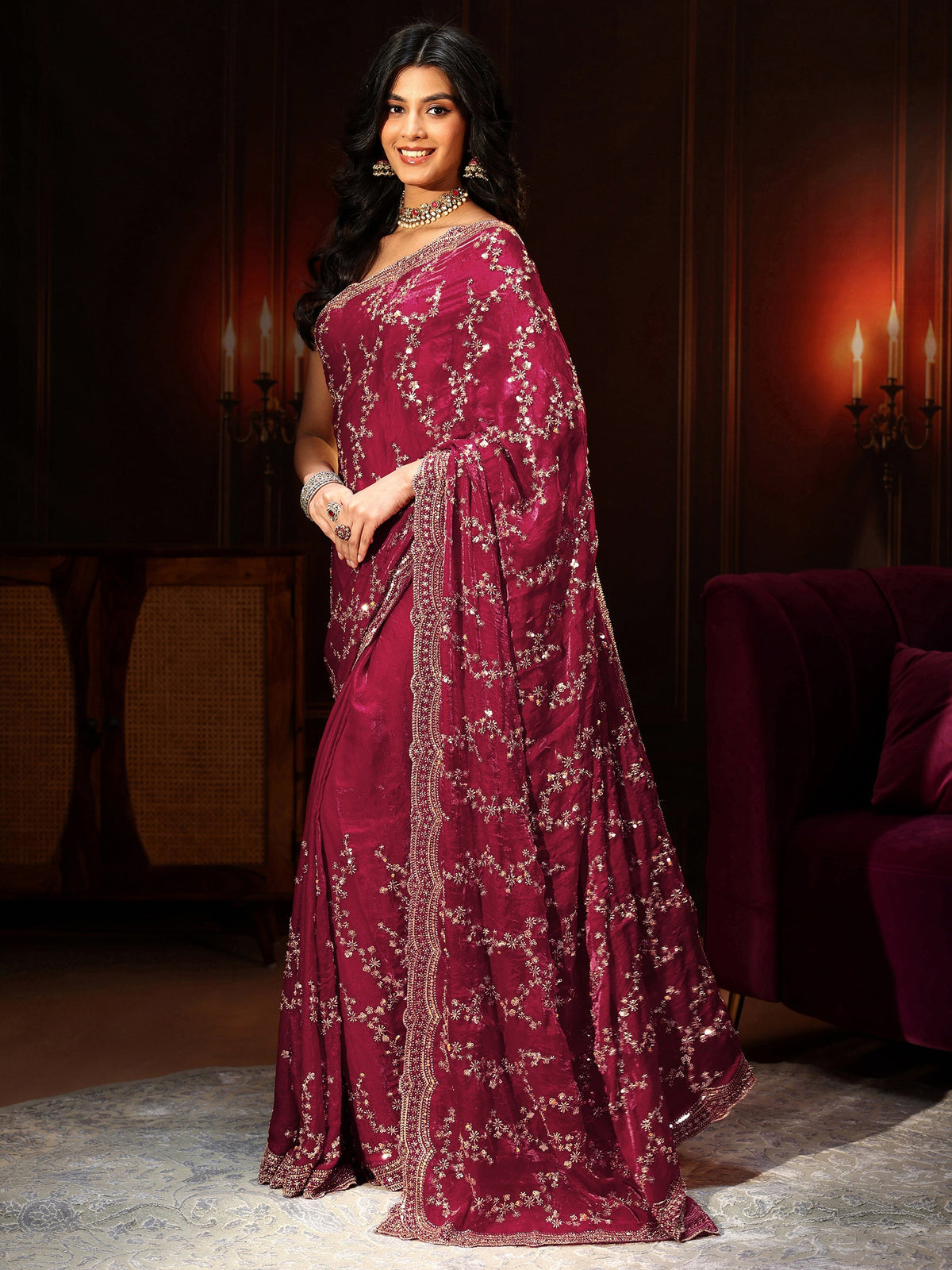 Anouk Art Magenta Pink Embellished Tissue Saree