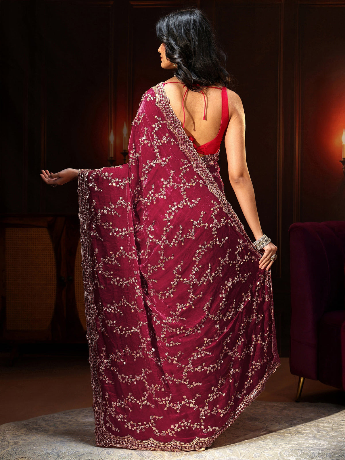 Anouk Art Magenta Pink Embellished Tissue Saree