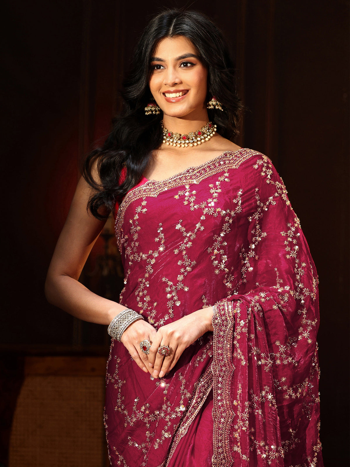 Anouk Art Magenta Pink Embellished Tissue Saree