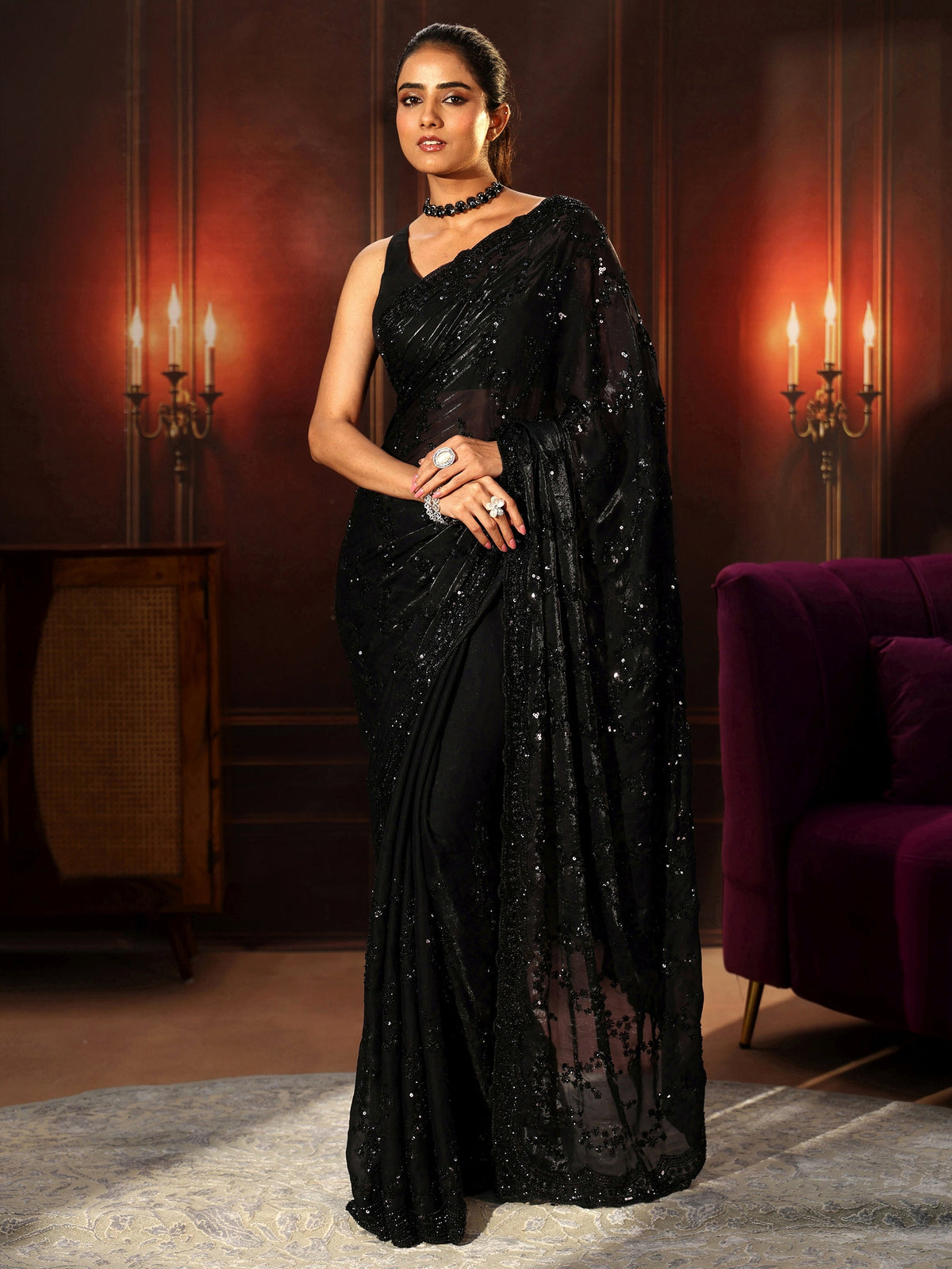 Anouk Art Black Embellished Tissue Saree