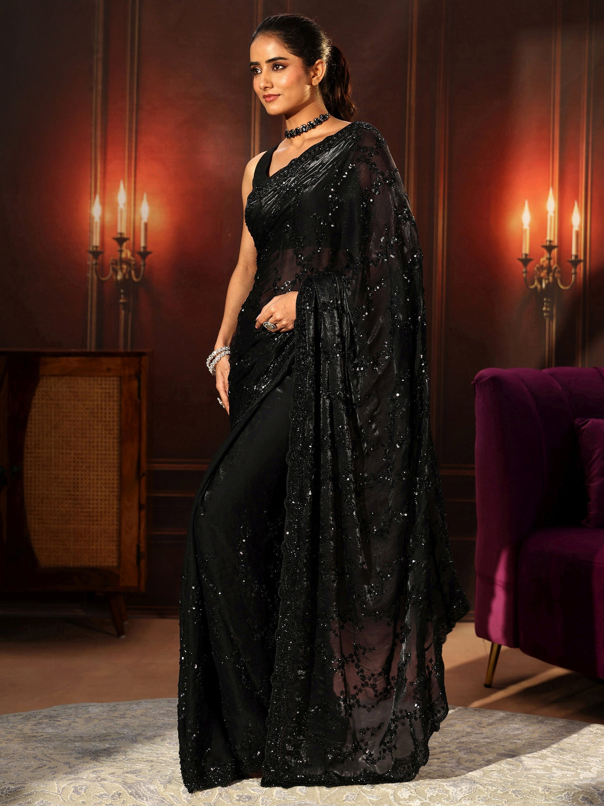 Anouk Art Black Embellished Tissue Saree
