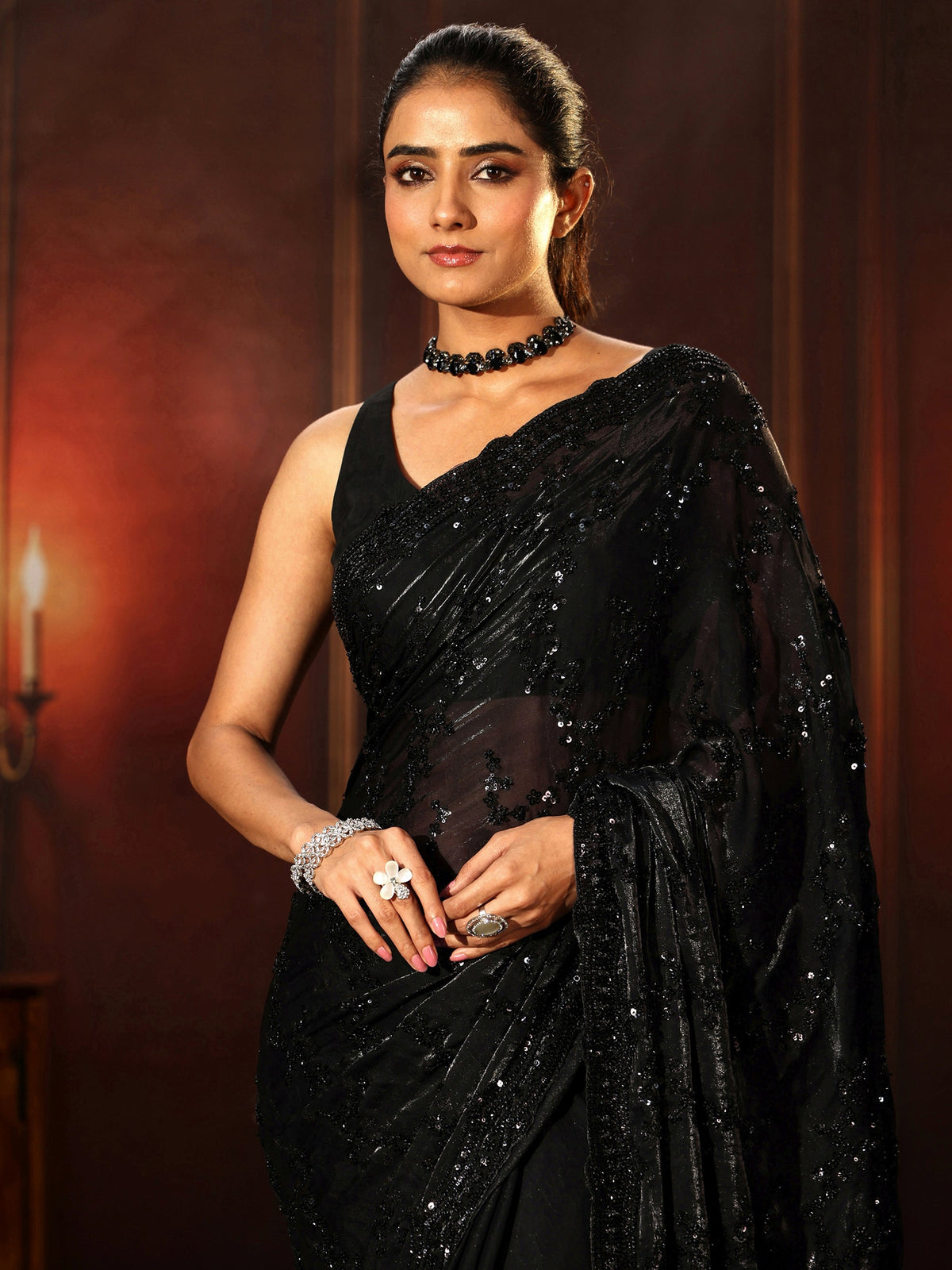 Anouk Art Black Embellished Tissue Saree