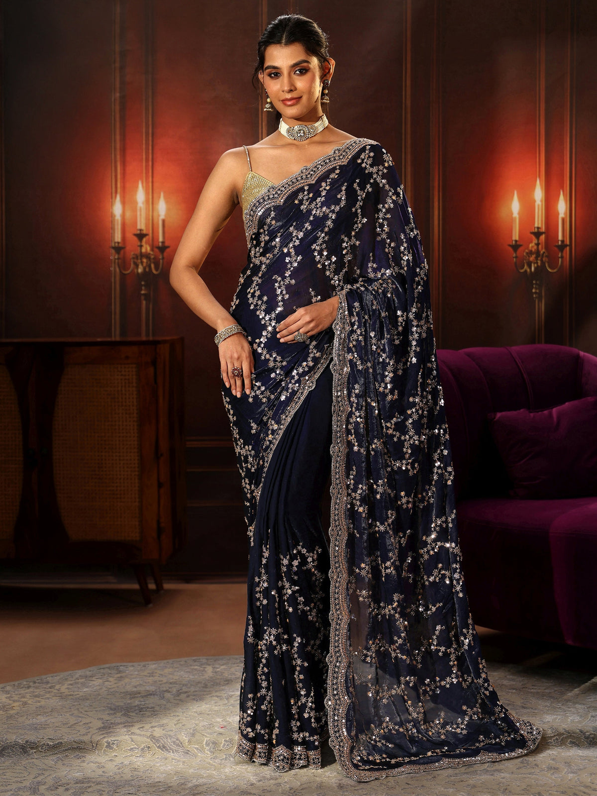 Anouk Art Midnight Blue Embellished Tissue Saree