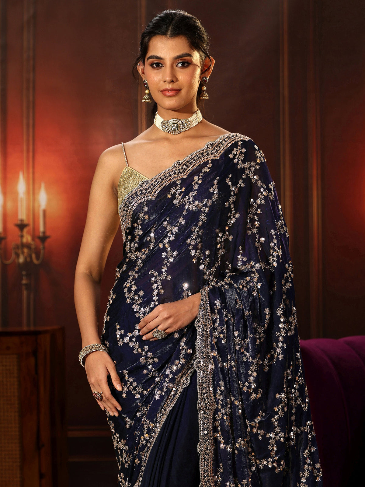 Anouk Art Midnight Blue Embellished Tissue Saree