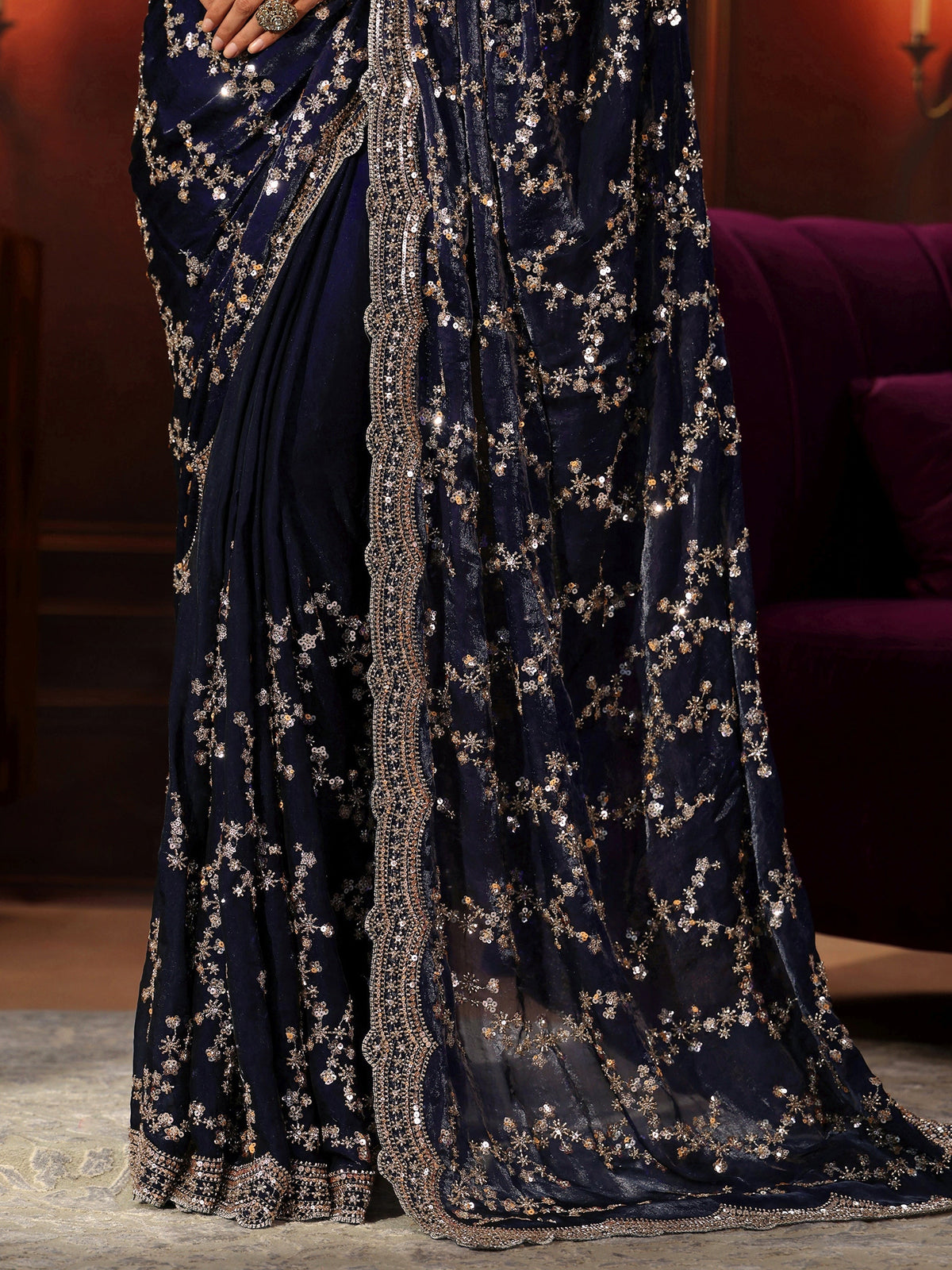 Anouk Art Midnight Blue Embellished Tissue Saree