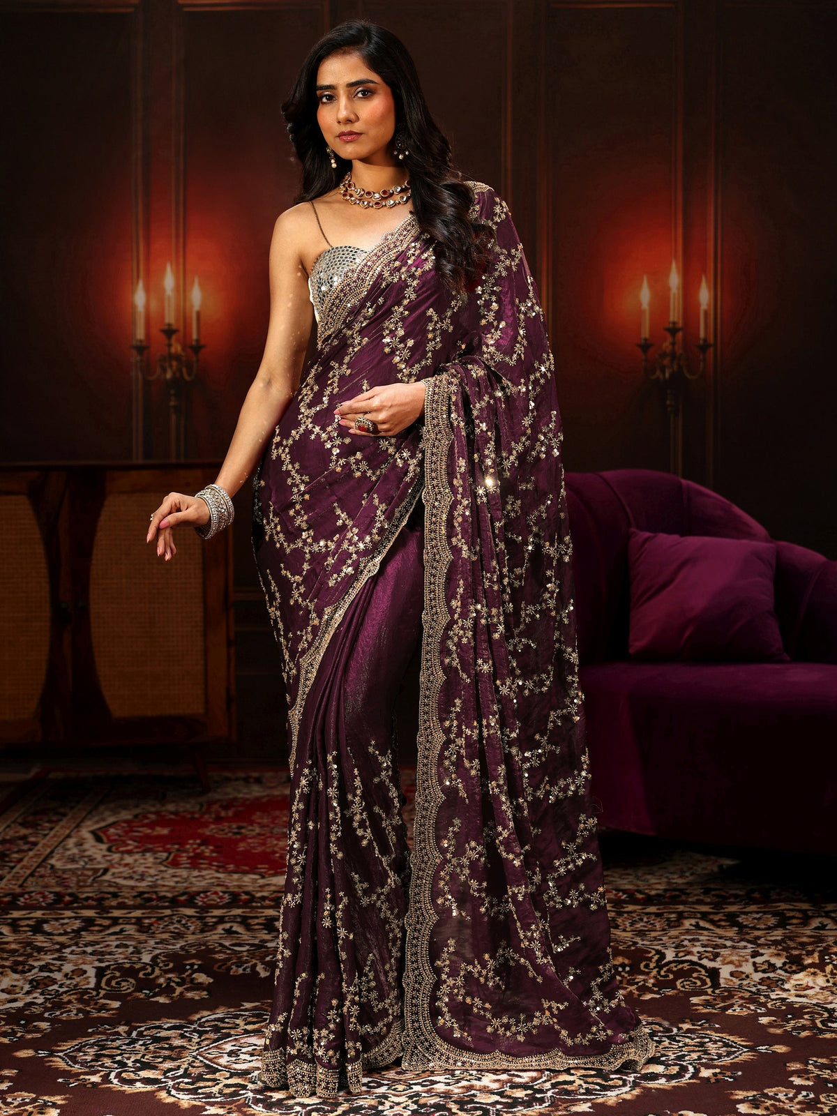 Anouk Art Burgundy Embellished Tissue Saree