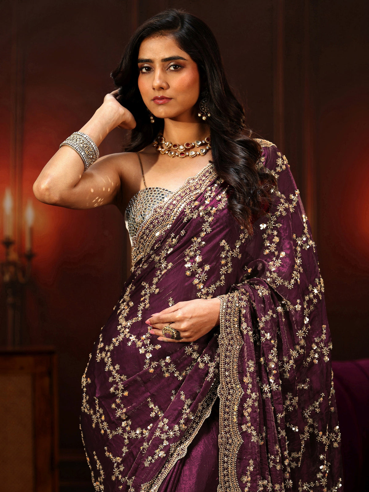 Anouk Art Burgundy Embellished Tissue Saree