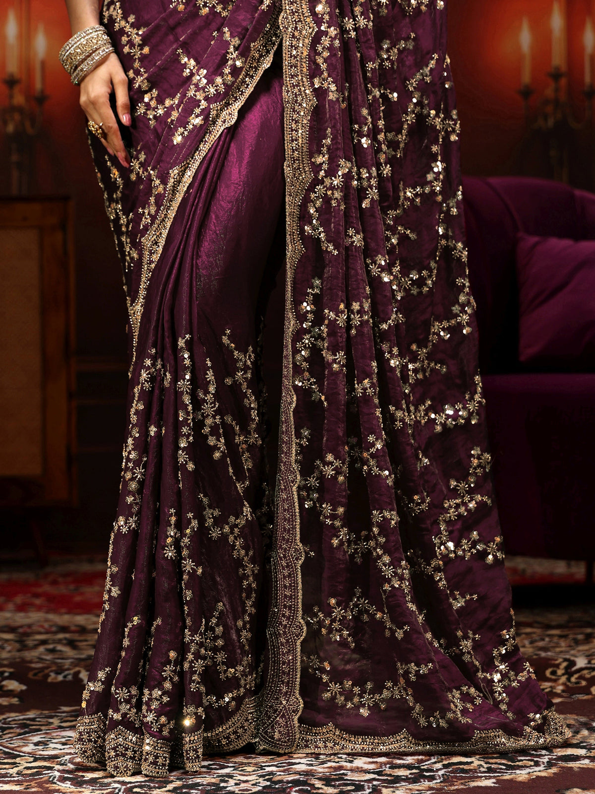 Anouk Art Burgundy Embellished Tissue Saree
