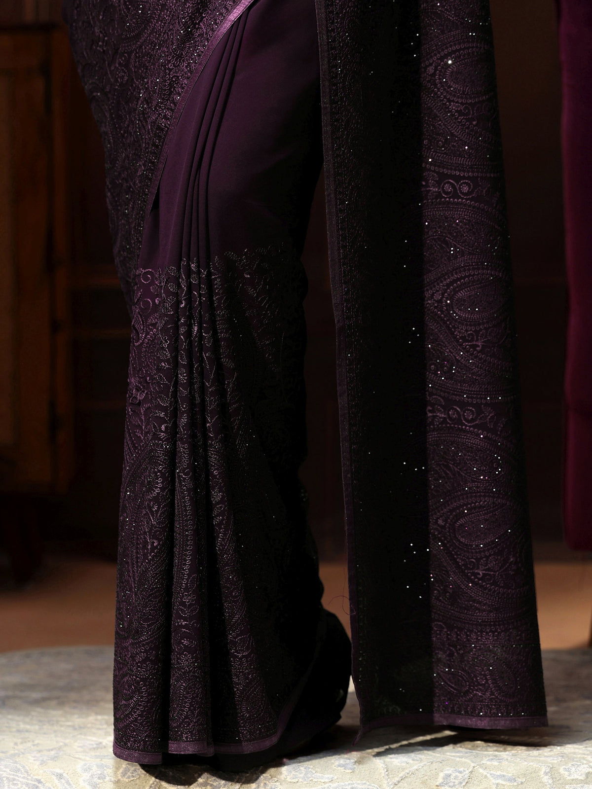 Anouk Art Aubergine Purple Paisley Embroidered Georgette Saree