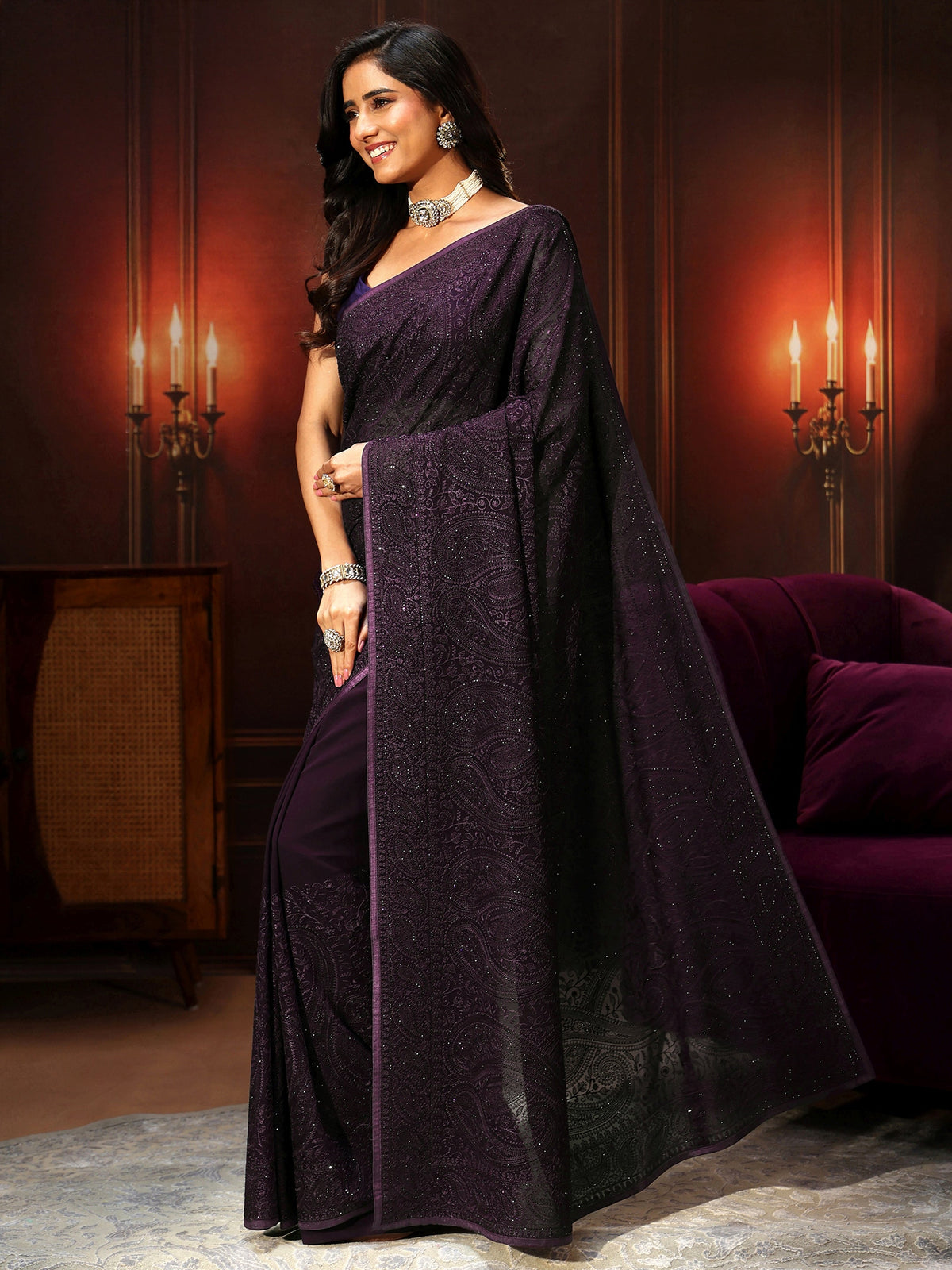 Anouk Art Aubergine Purple Paisley Embroidered Georgette Saree