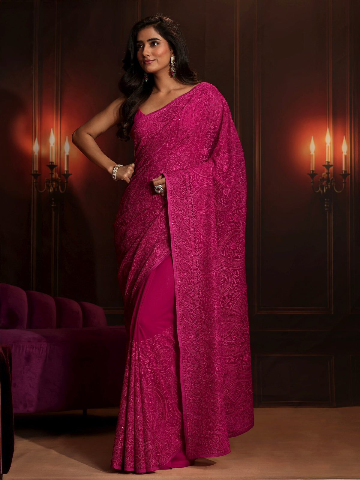 Anouk Art Rani Pink Paisley Embroidered Georgette Saree