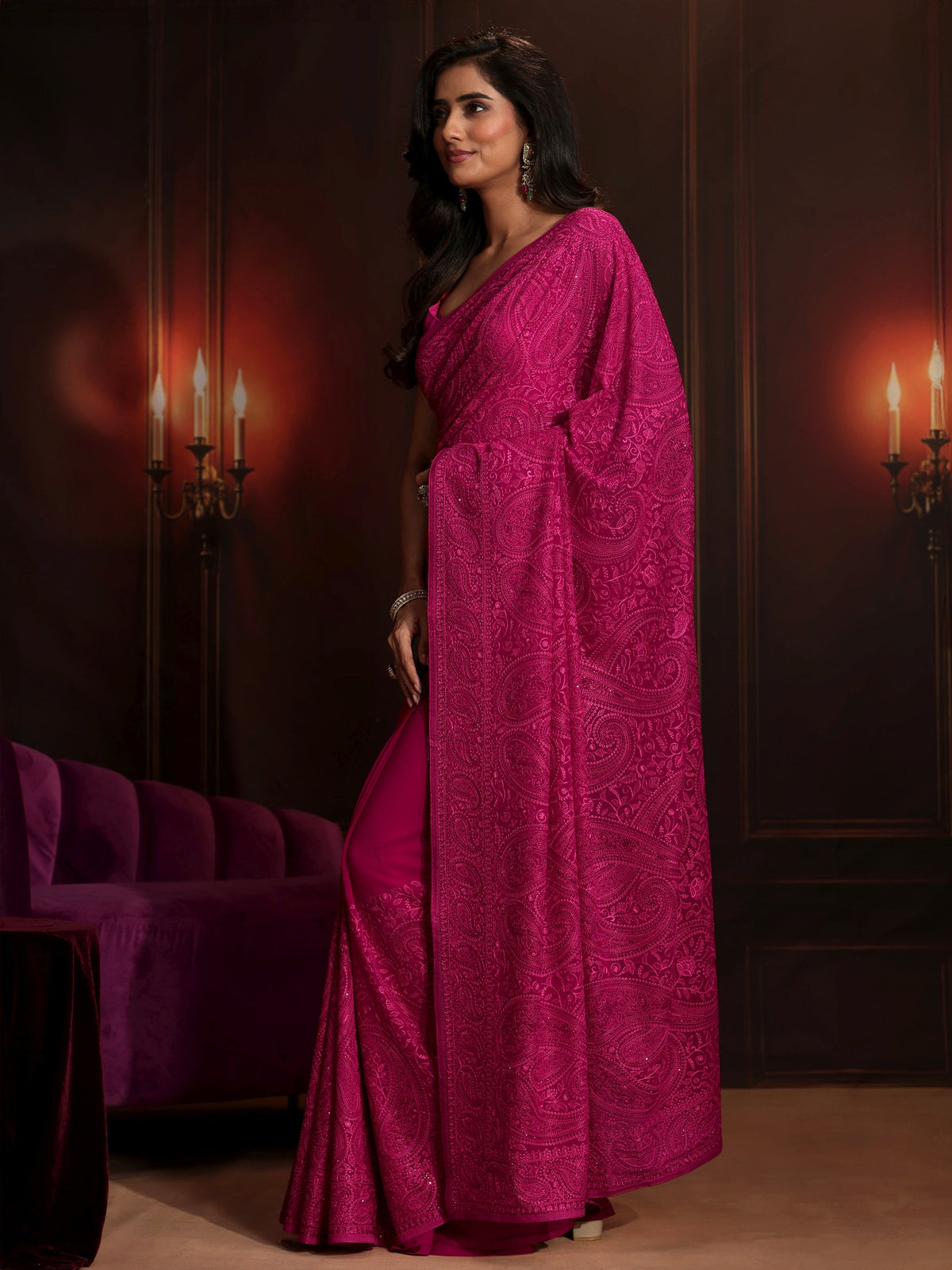 Anouk Art Rani Pink Paisley Embroidered Georgette Saree