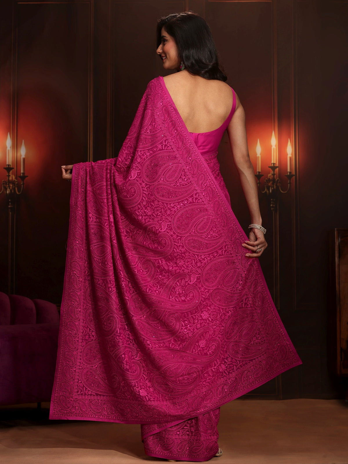 Anouk Art Rani Pink Paisley Embroidered Georgette Saree