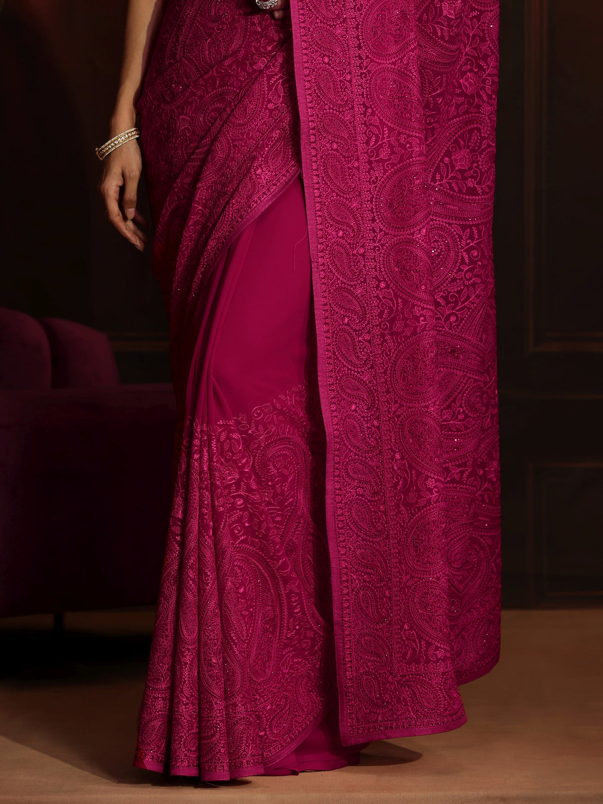 Anouk Art Rani Pink Paisley Embroidered Georgette Saree