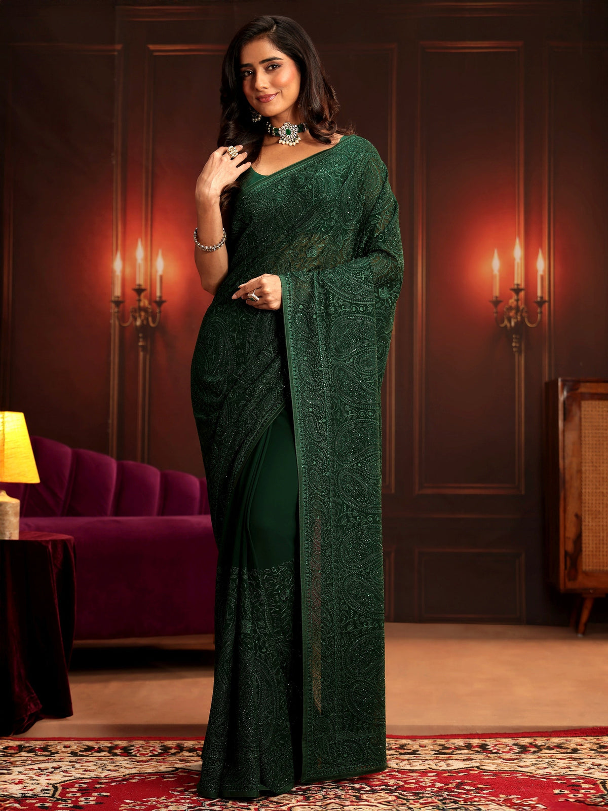 Anouk Art Bottle Green Paisley Embroidered Georgette Saree
