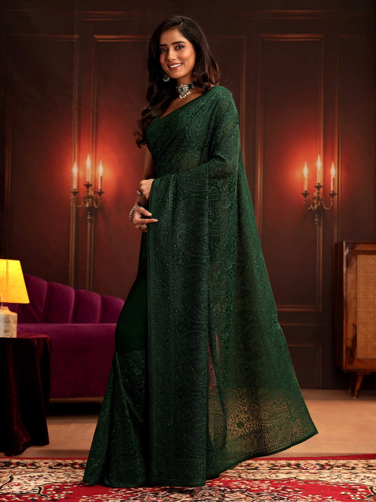 Anouk Art Bottle Green Paisley Embroidered Georgette Saree