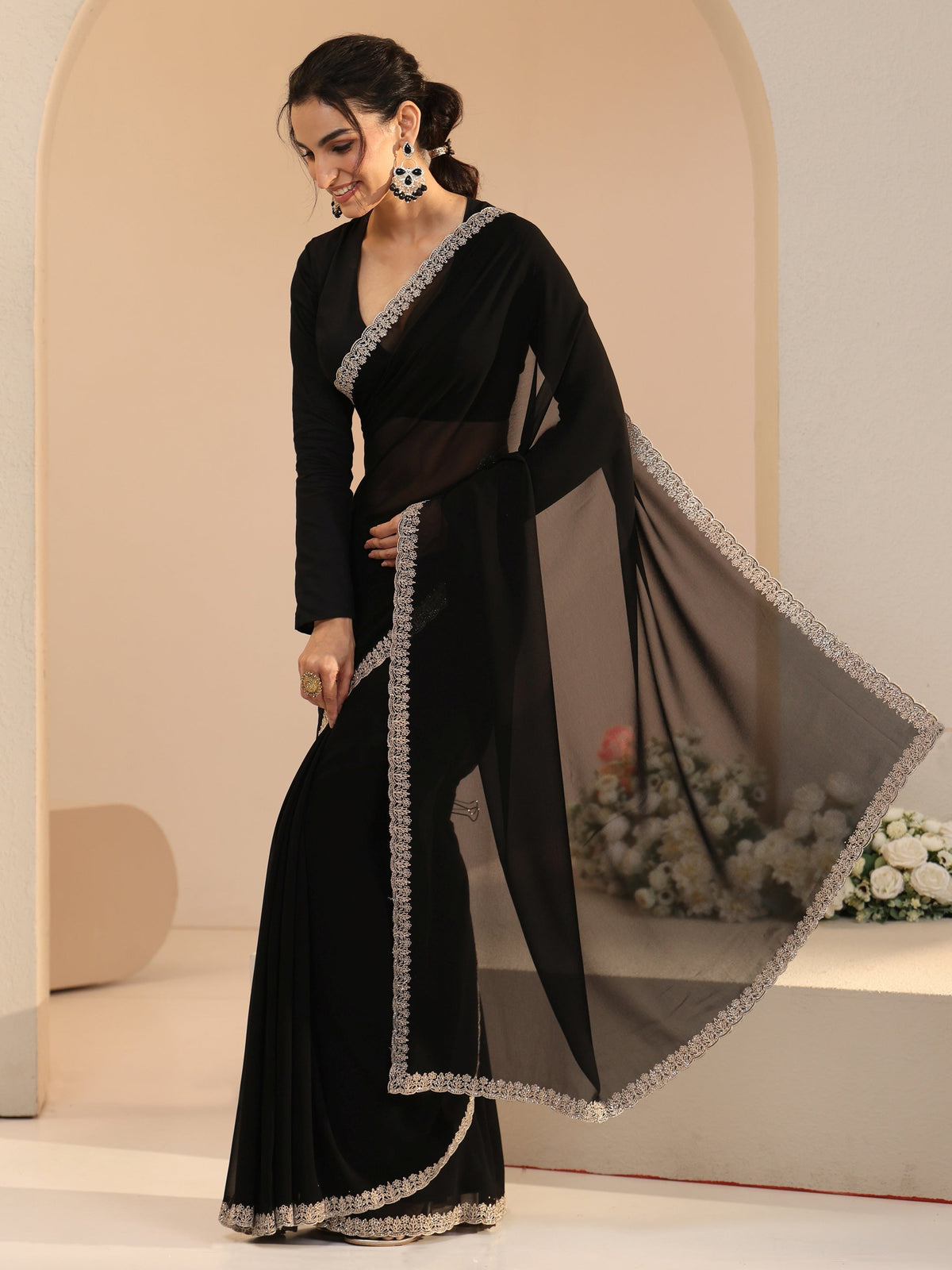 Anouk Black Georgette Saree with Embroidered Border