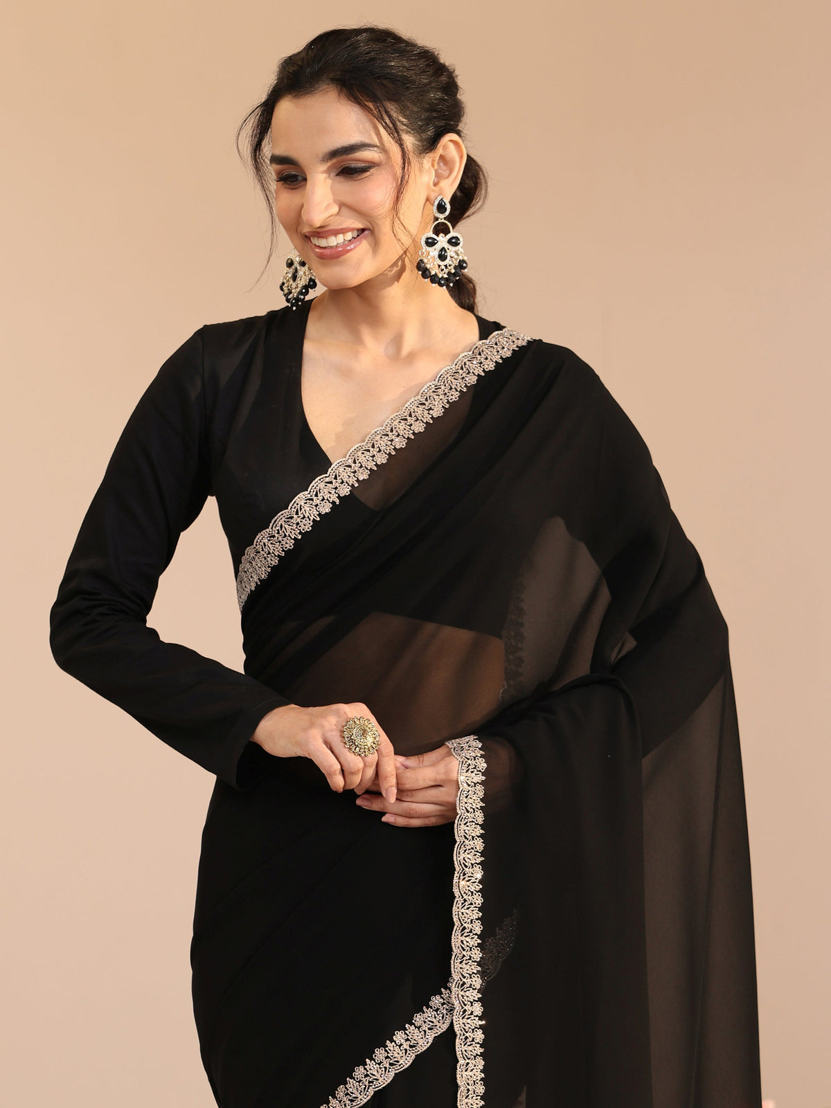 Anouk Black Georgette Saree with Embroidered Border