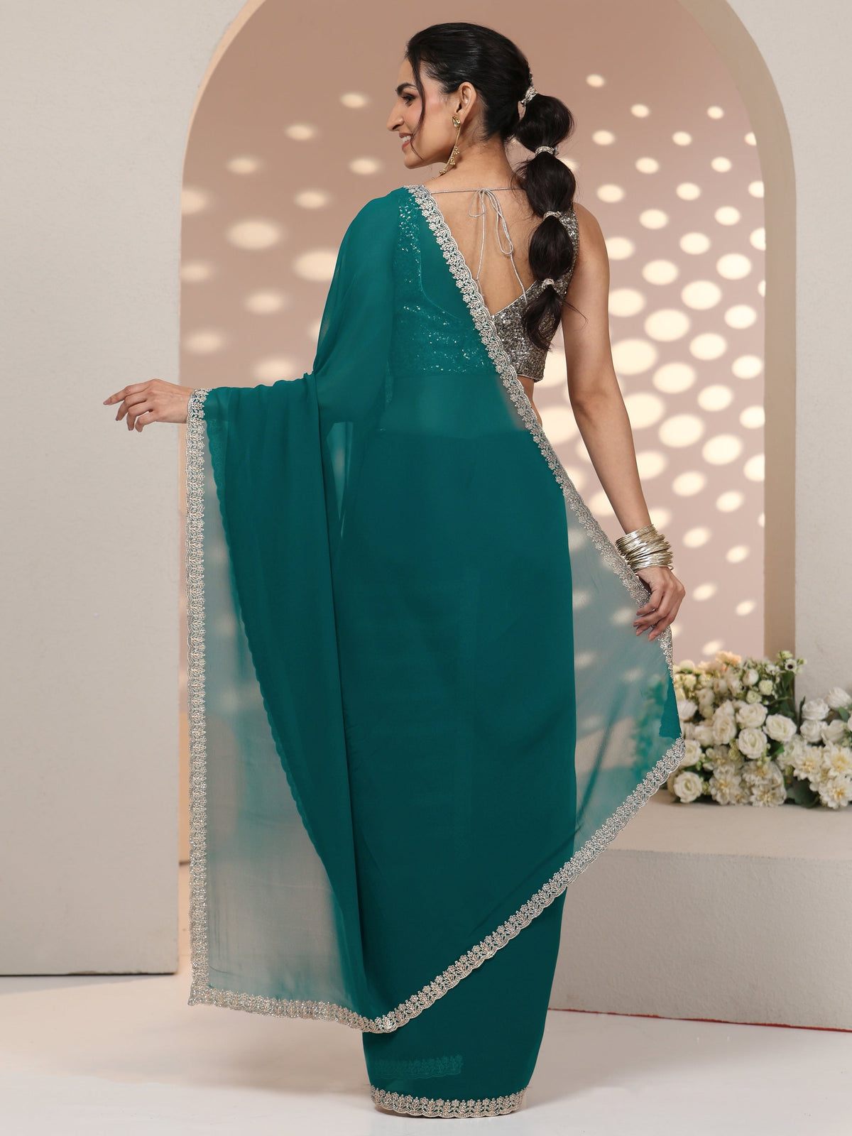 Anouk Teal Green Georgette Saree with Embroidered Border