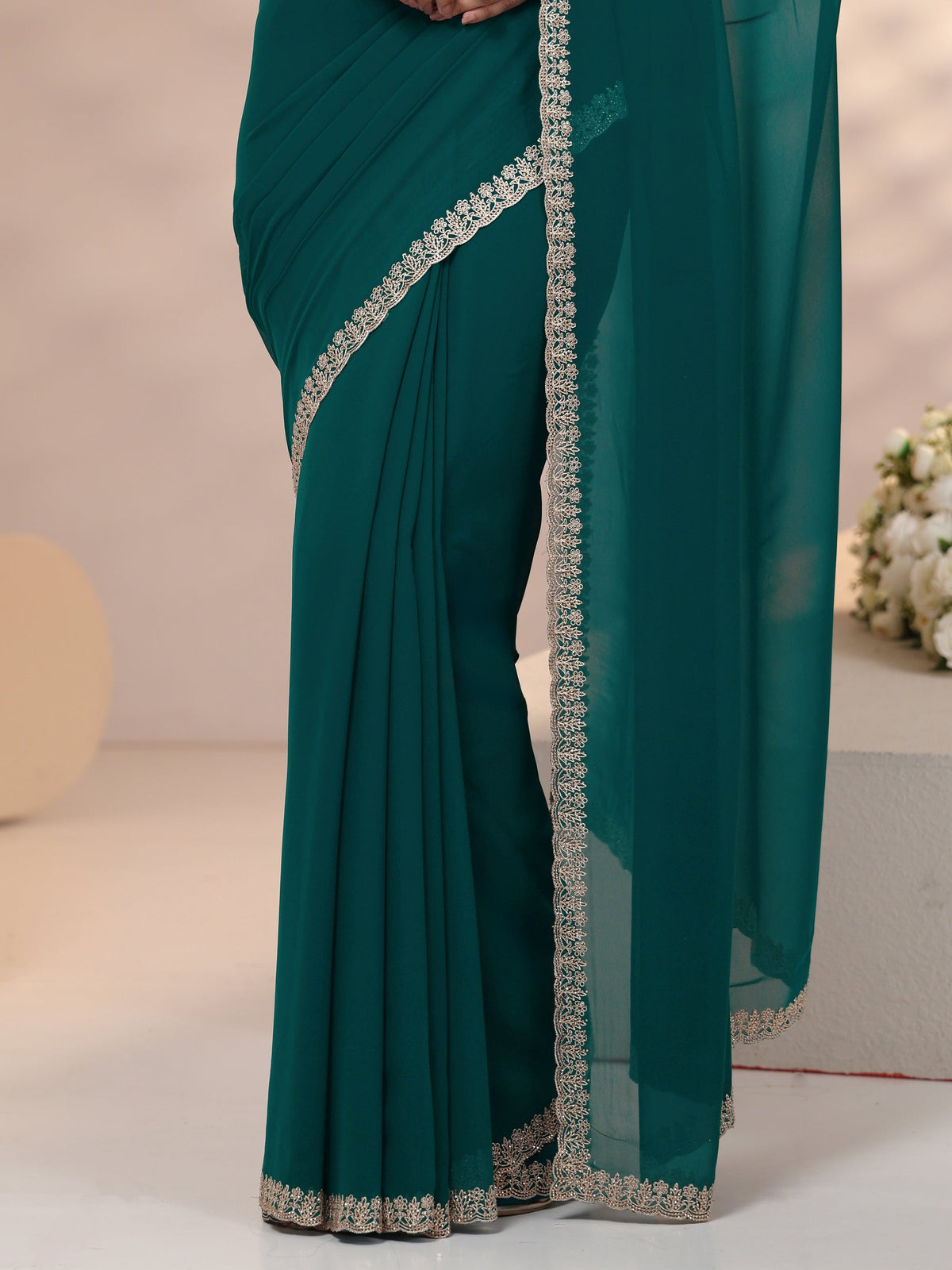 Anouk Teal Green Georgette Saree with Embroidered Border