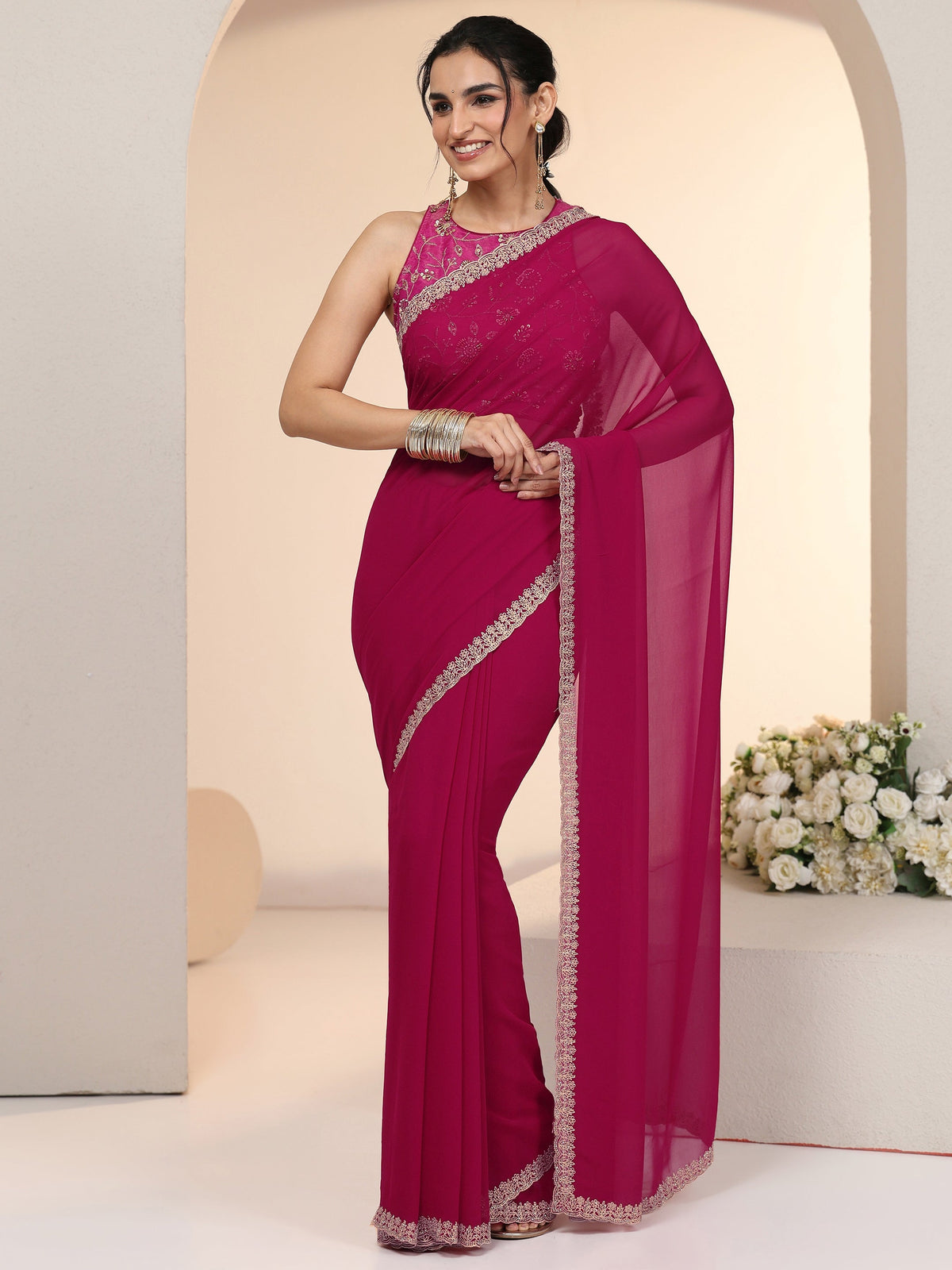 Anouk Rani Pink Georgette Saree with Embroidered Border