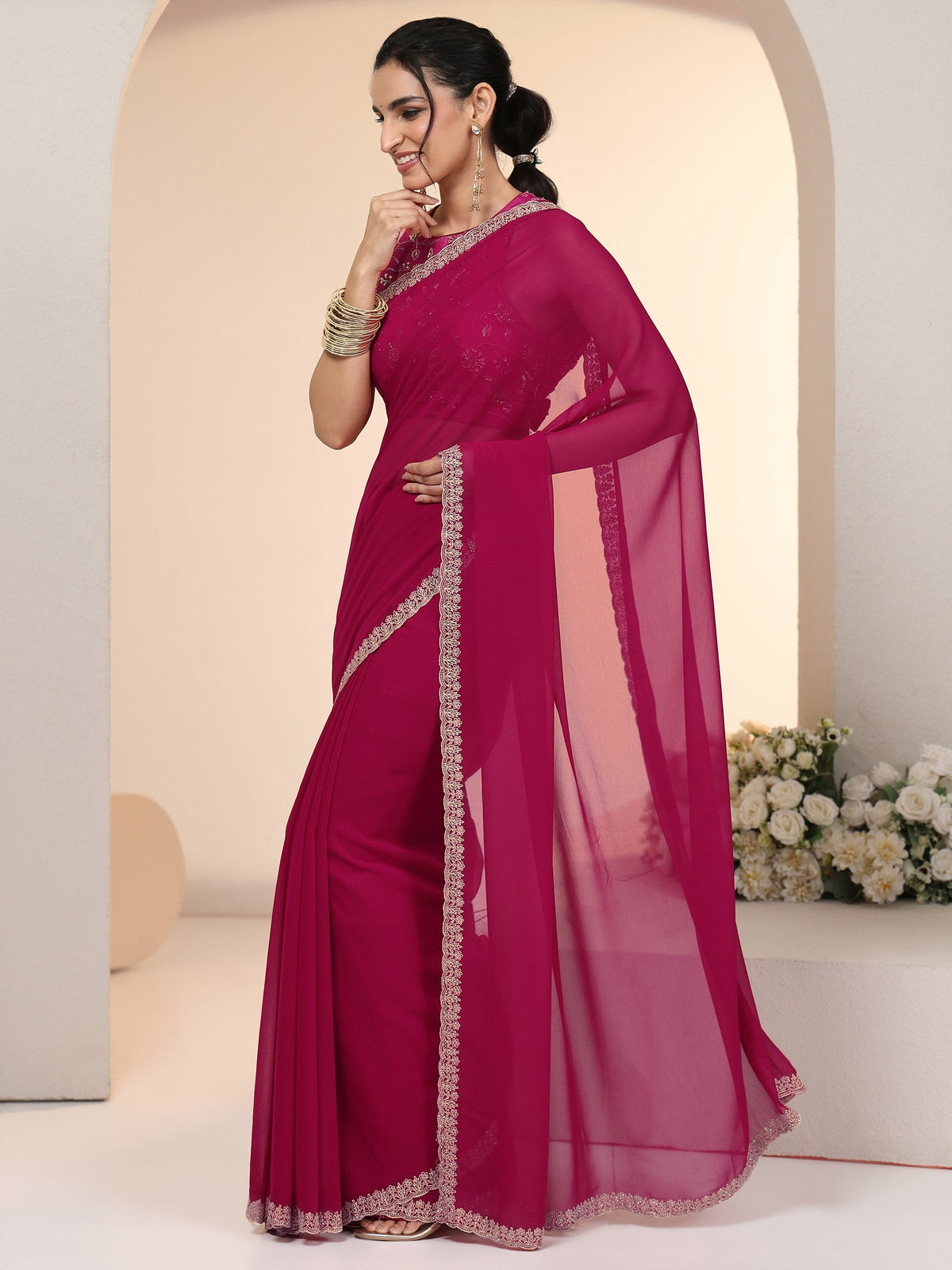 Anouk Rani Pink Georgette Saree with Embroidered Border