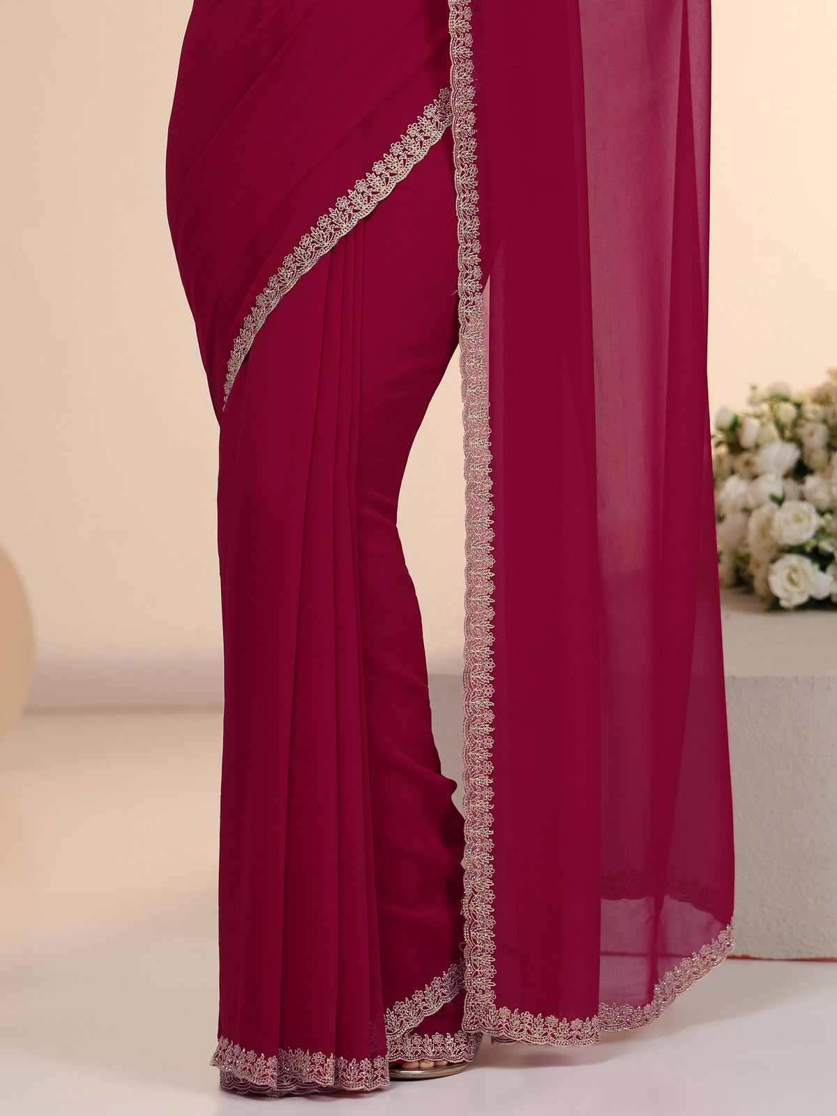 Anouk Rani Pink Georgette Saree with Embroidered Border
