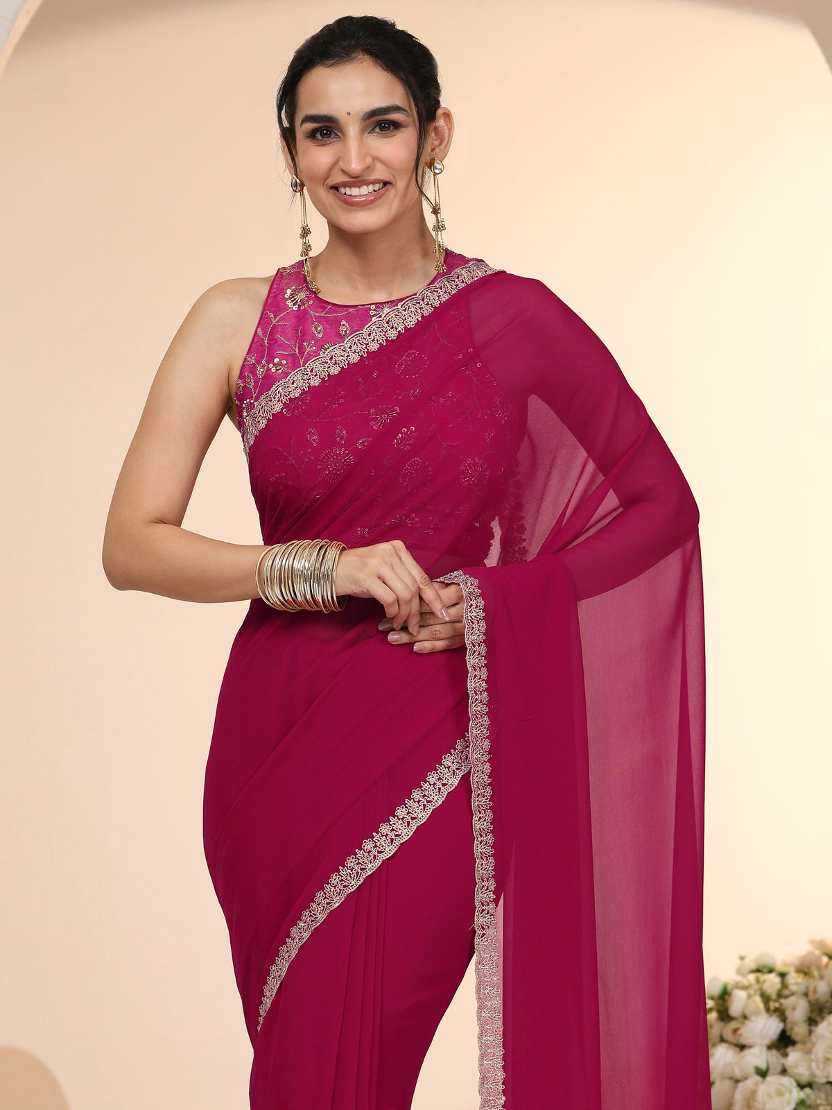 Anouk Rani Pink Georgette Saree with Embroidered Border