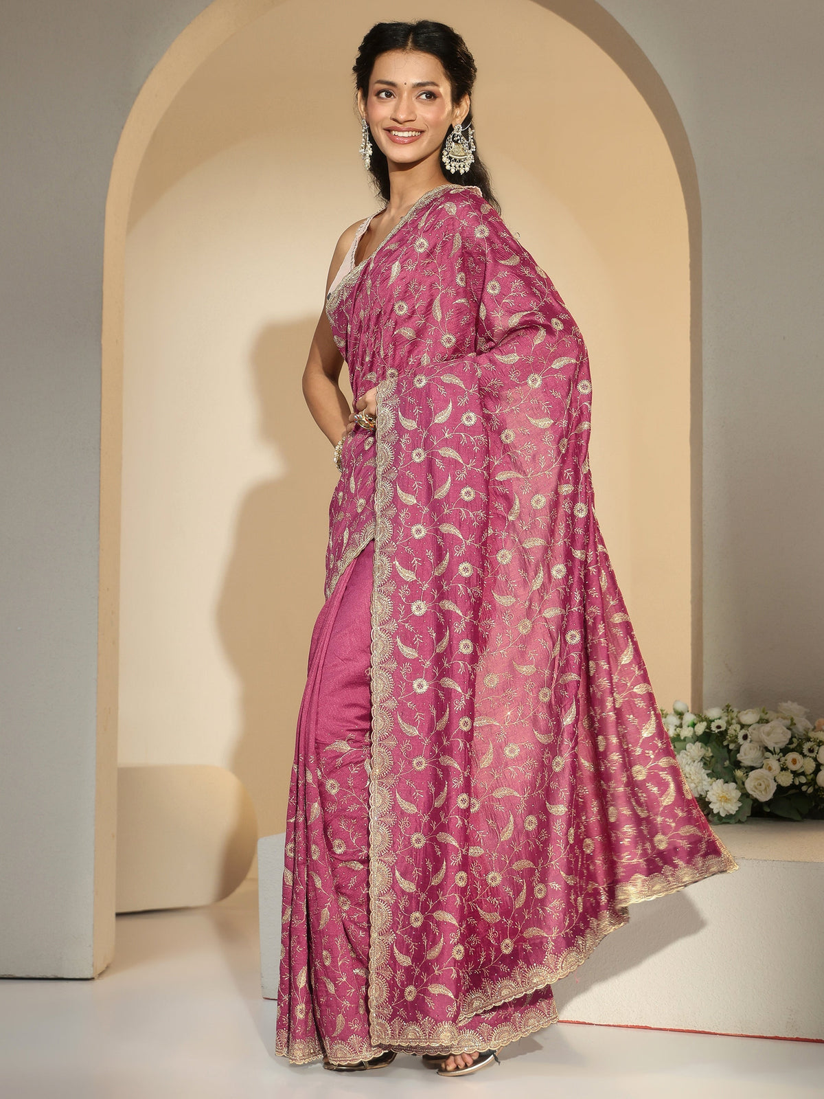 Anouk Mauve Floral Embroidered Silk Blend Saree