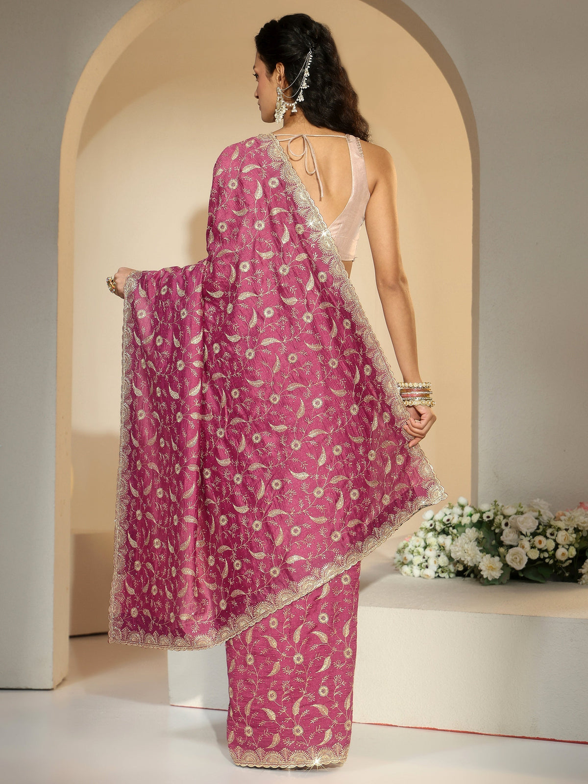 Anouk Mauve Floral Embroidered Silk Blend Saree