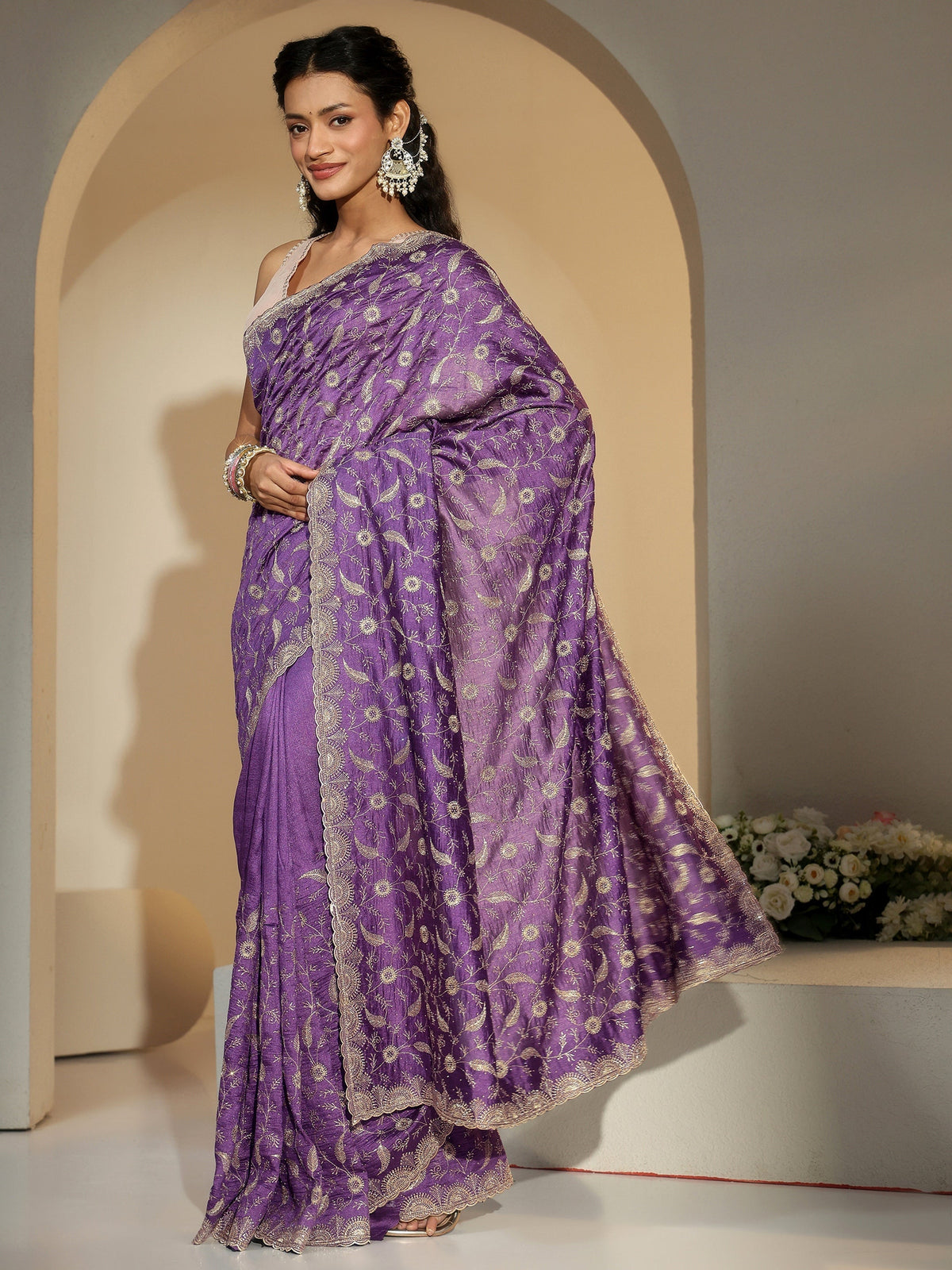 Anouk Purple Floral Embroidered Silk Blend Saree