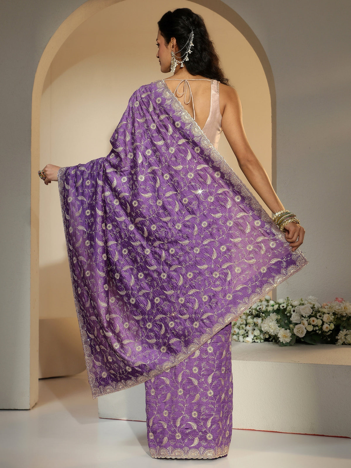 Anouk Purple Floral Embroidered Silk Blend Saree