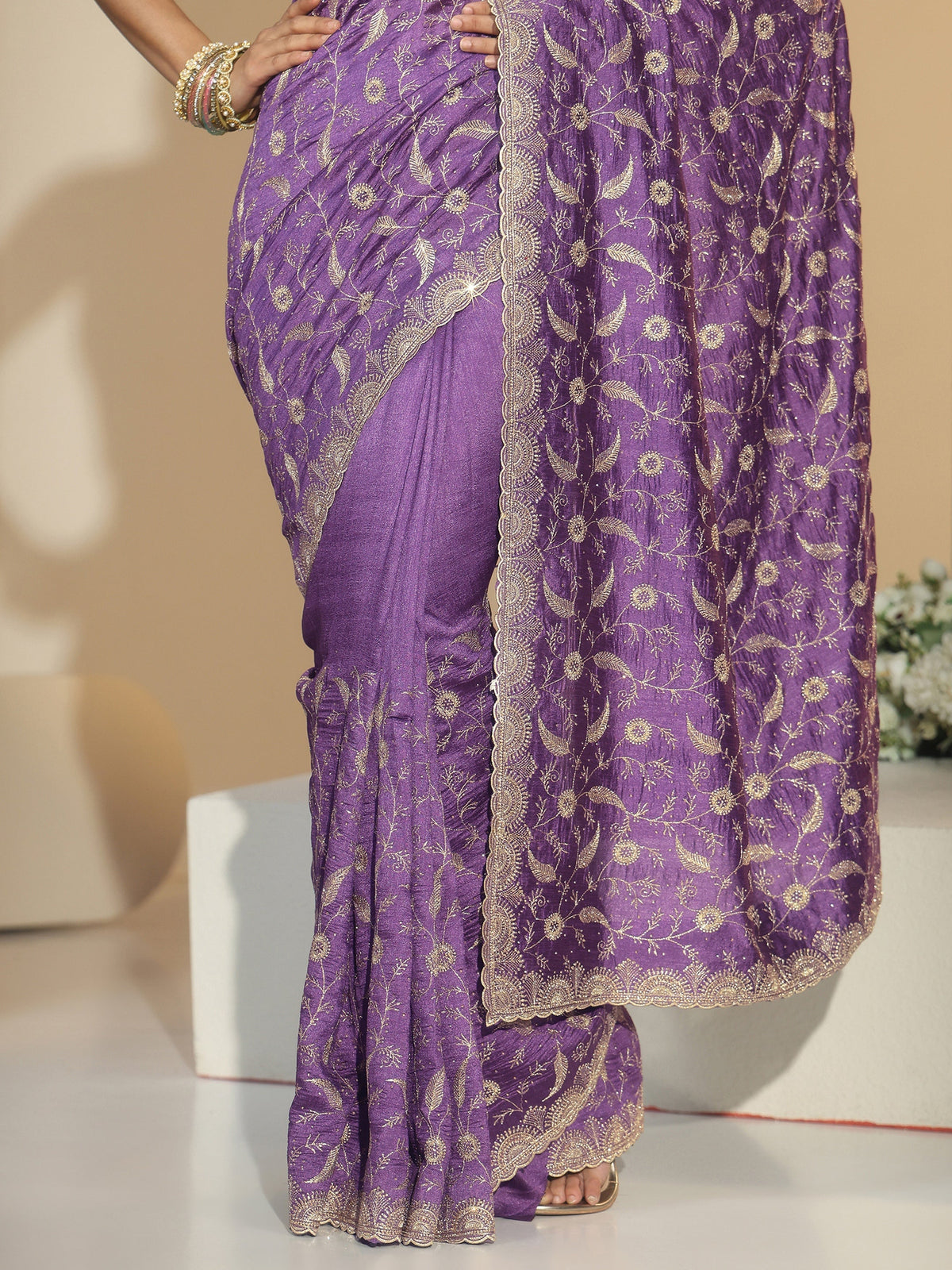 Anouk Purple Floral Embroidered Silk Blend Saree