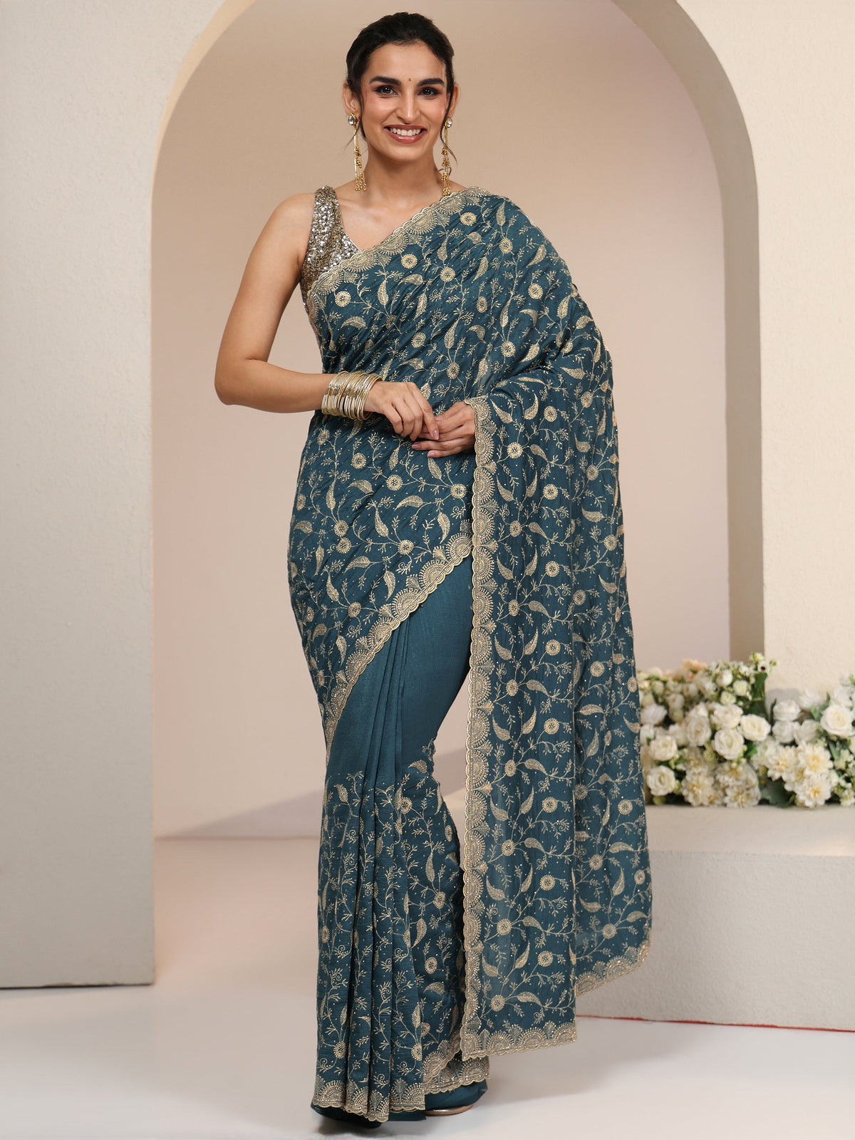 Anouk Teal Green Floral Embroidered Silk Blend Saree